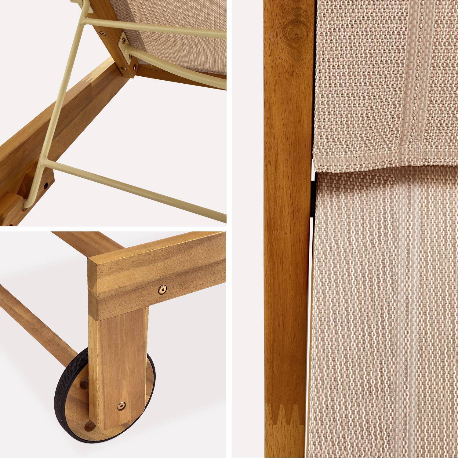 Set van 2 ligstoelen van acaciahout en beige textileen, multi-instelbaar met wielen Photo7