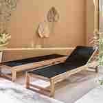Lot de 2 bains de soleil en bois d'acacia et textilène noir, multi positions avec roulettes Photo2