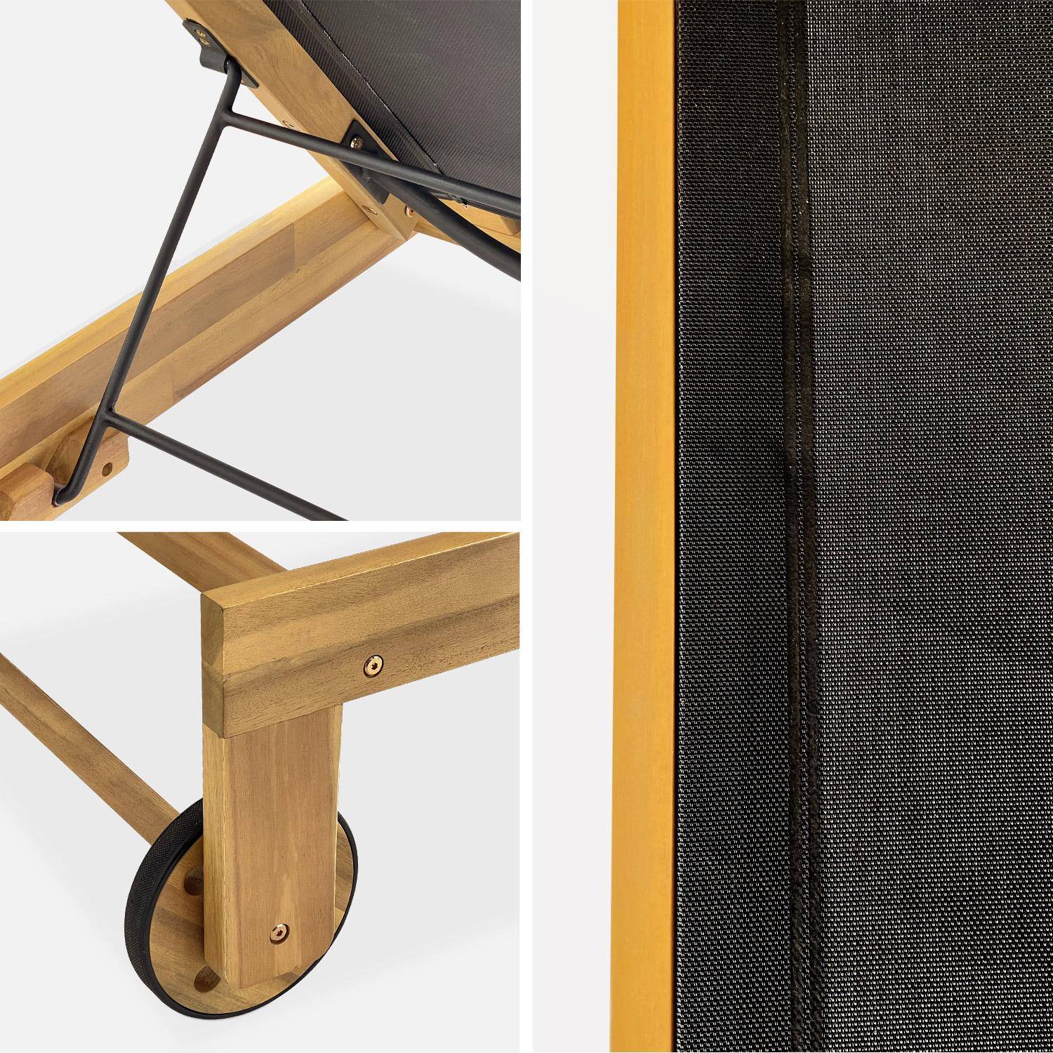 Set van 2 ligstoelen van acaciahout en zwart textileen, multi-instelbaar met wielen,sweeek,Photo5