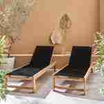 Lot de 2 bains de soleil en bois d'acacia et textilène noir, multi positions avec roulettes Photo1