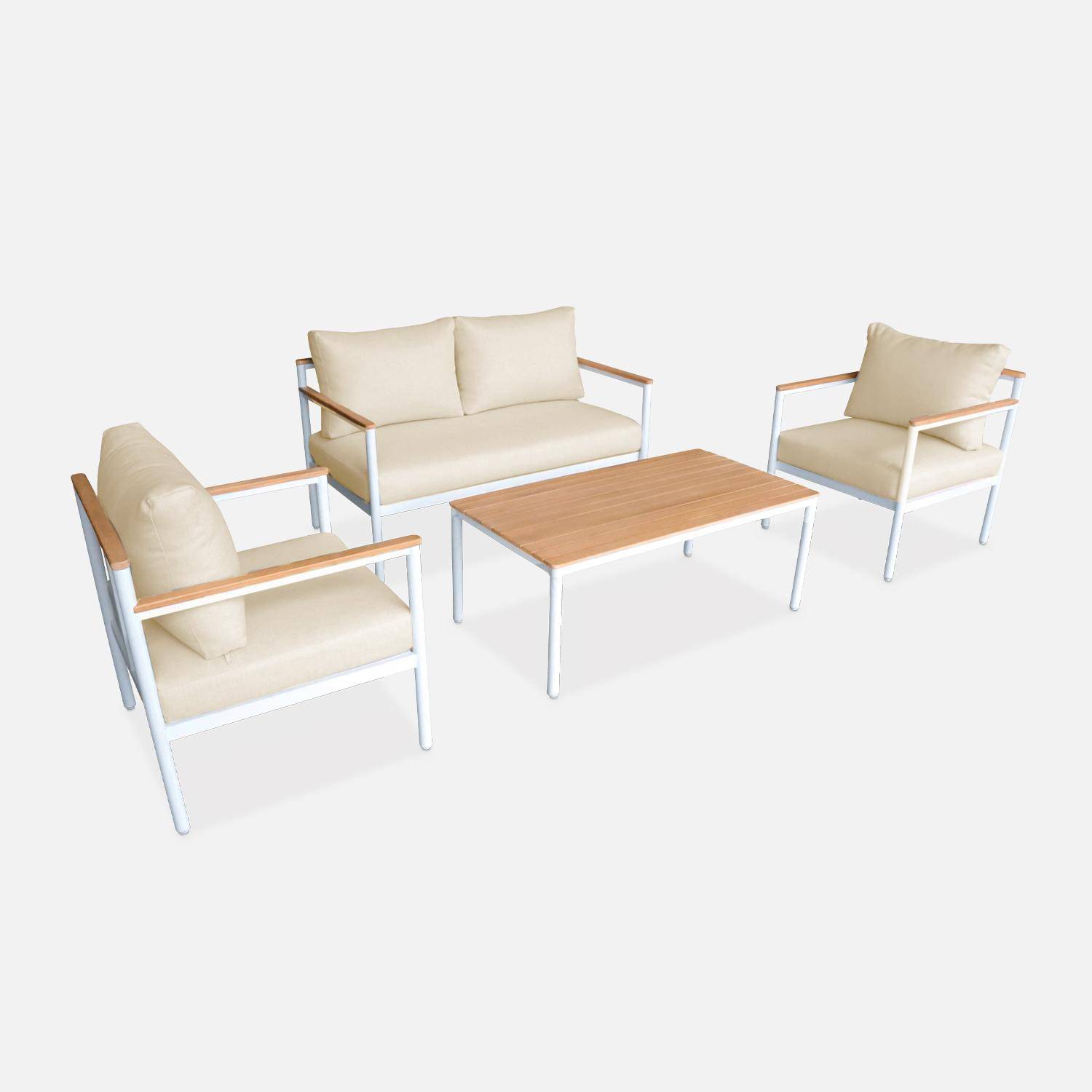 Set di mobili da giardino a 4 posti ARNEDO struttura bianca, cuscini beige, alluminio e legno di acacia FSC Photo6