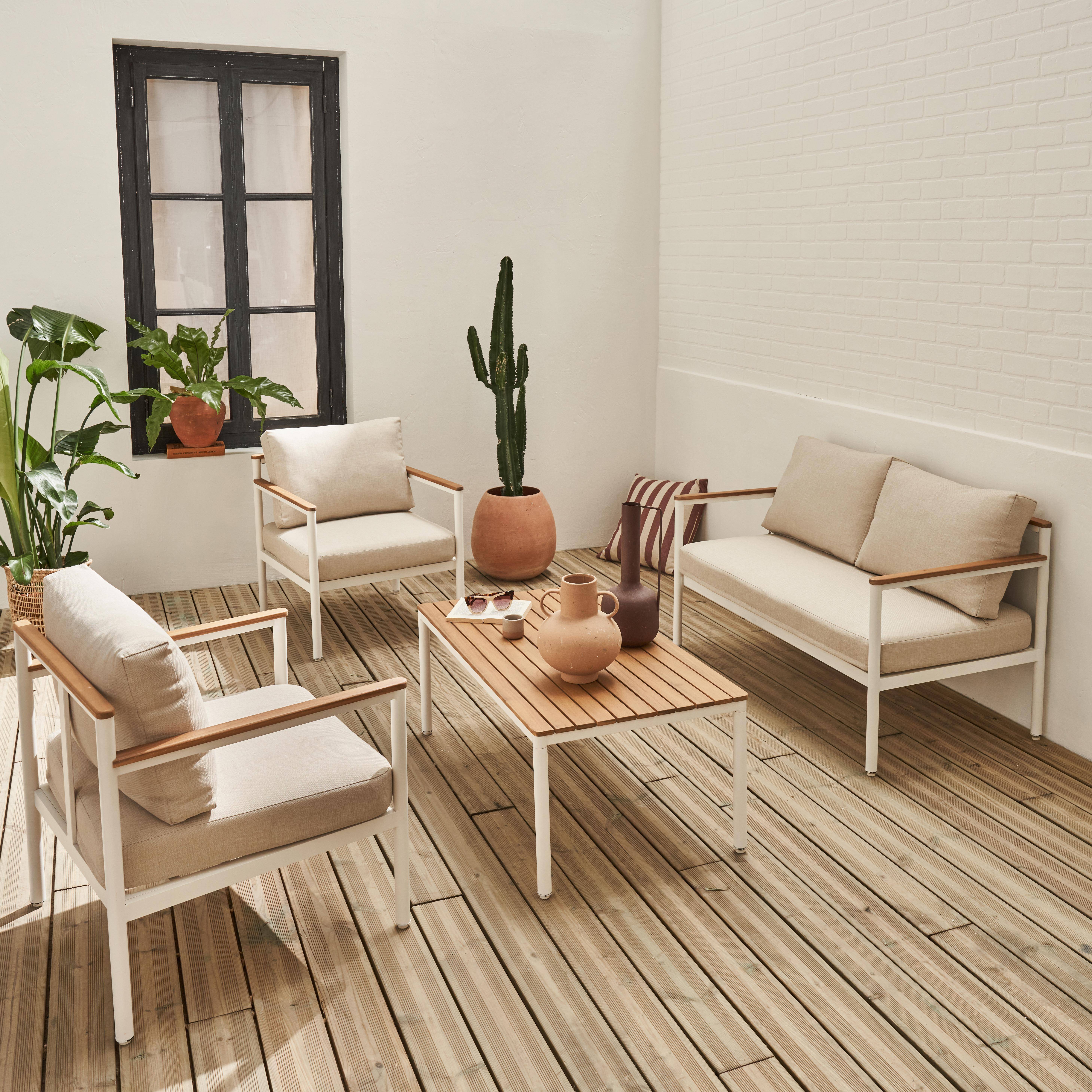 Salon de jardin 4 places, Arnedo, châssis blanc, coussins beiges, aluminium et bois d'acacia FSC,sweeek,Photo1