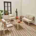 Salon de jardin 4 places ARNEDO structure blanche coussins beiges, aluminium et bois d'acacia FSC Photo1