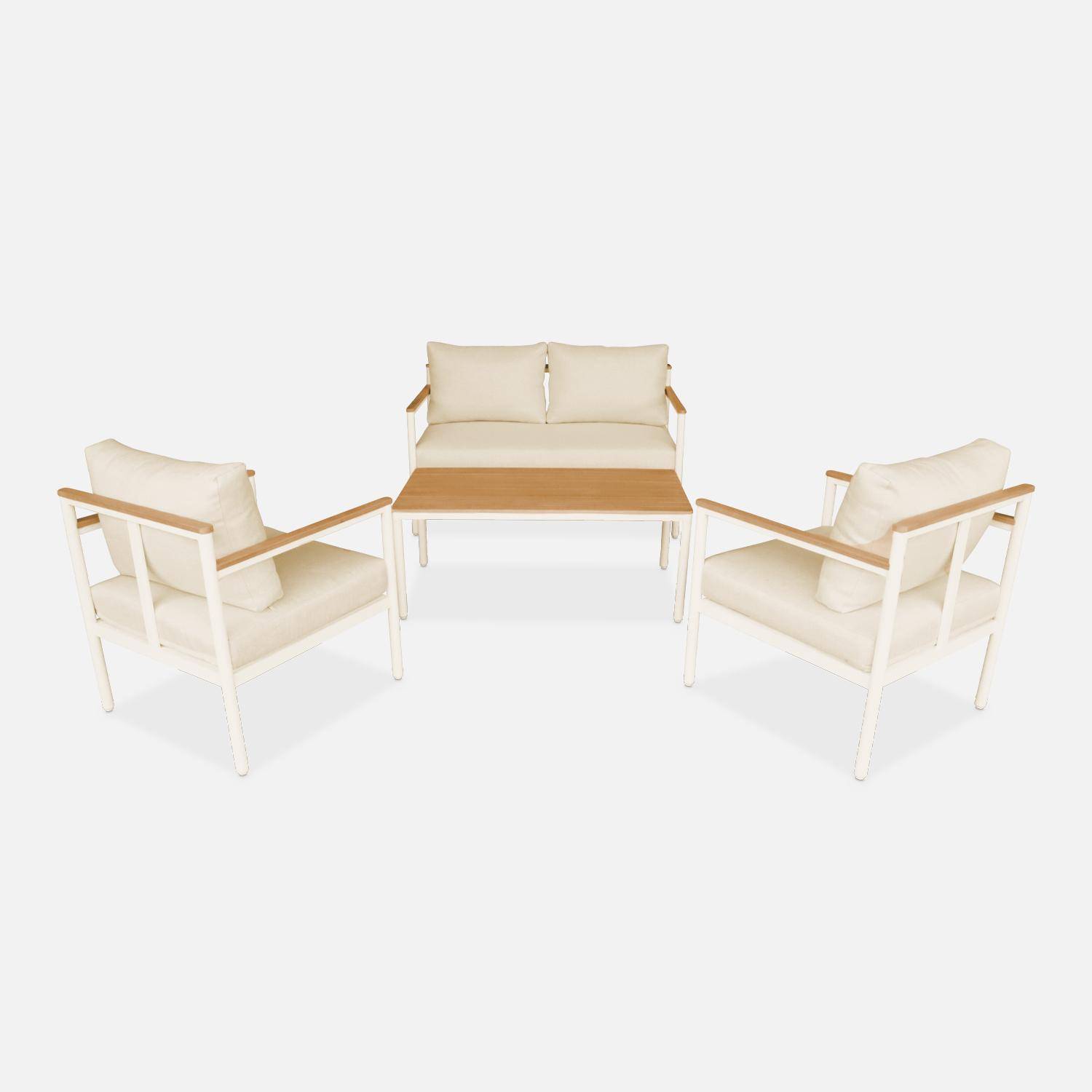 Set di mobili da giardino a 4 posti ARNEDO struttura bianca, cuscini beige, alluminio e legno di acacia FSC Photo7