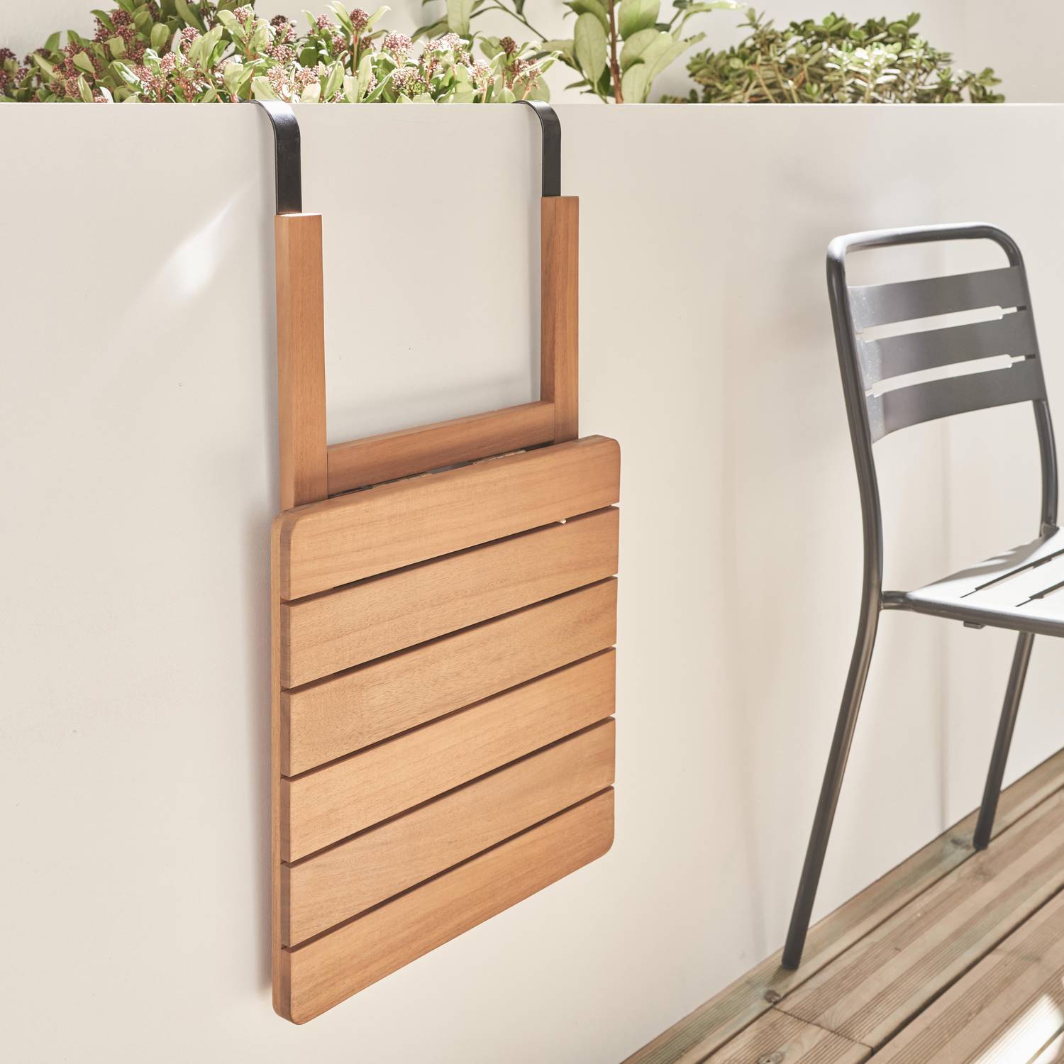 Mesa de apoio em madeira para varanda, quadrada, dobrável, regulável em altura Photo2