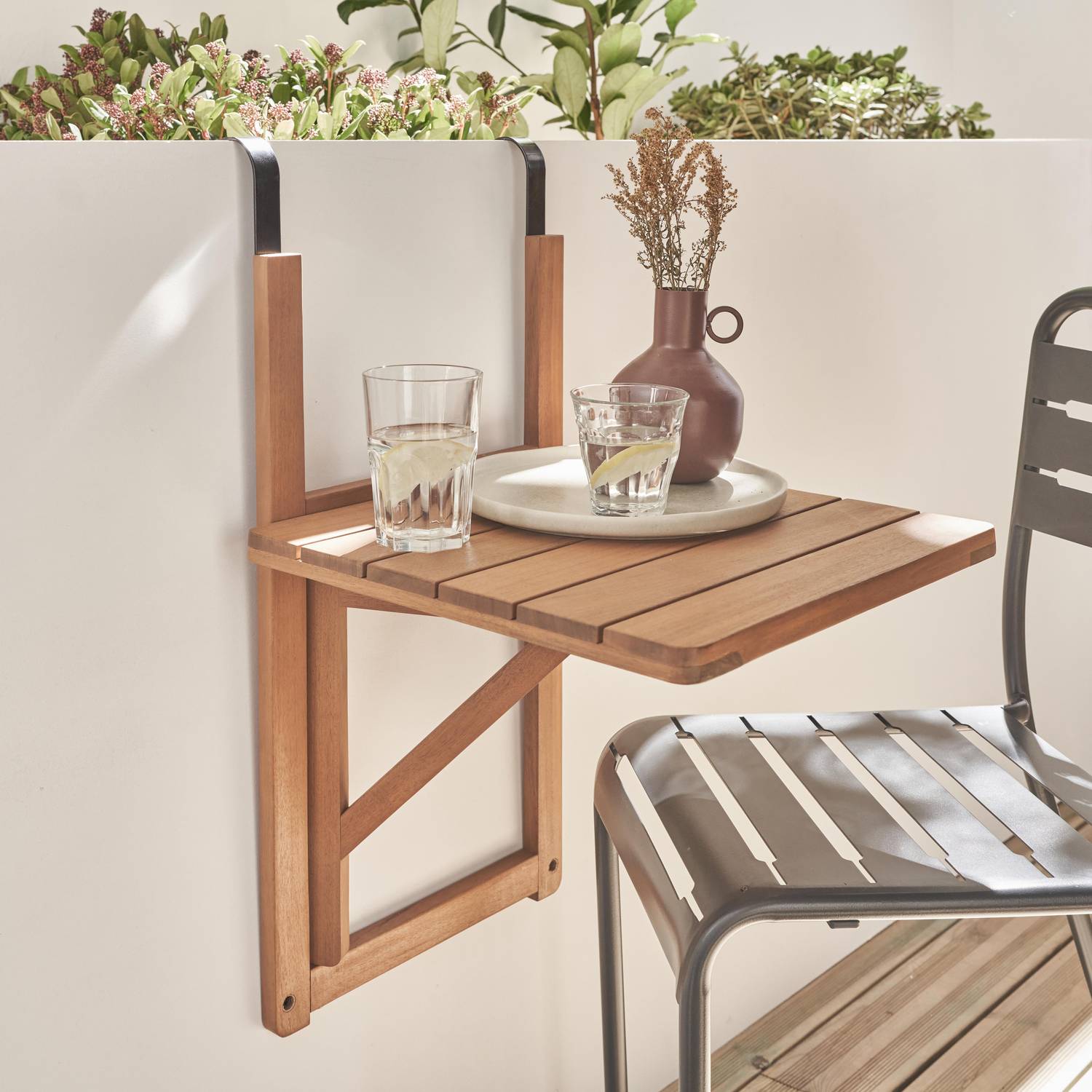Tavolino in legno per balcone, quadrato, pieghevole, regolabile in altezza Photo1