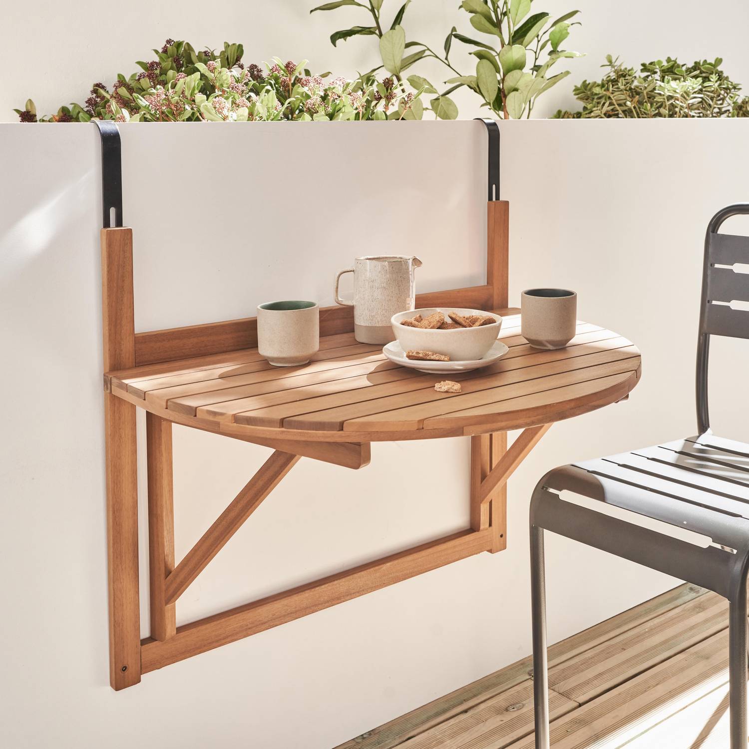 Tavolino in legno per balcone, semirotondo, pieghevole, regolabile in altezza Photo1