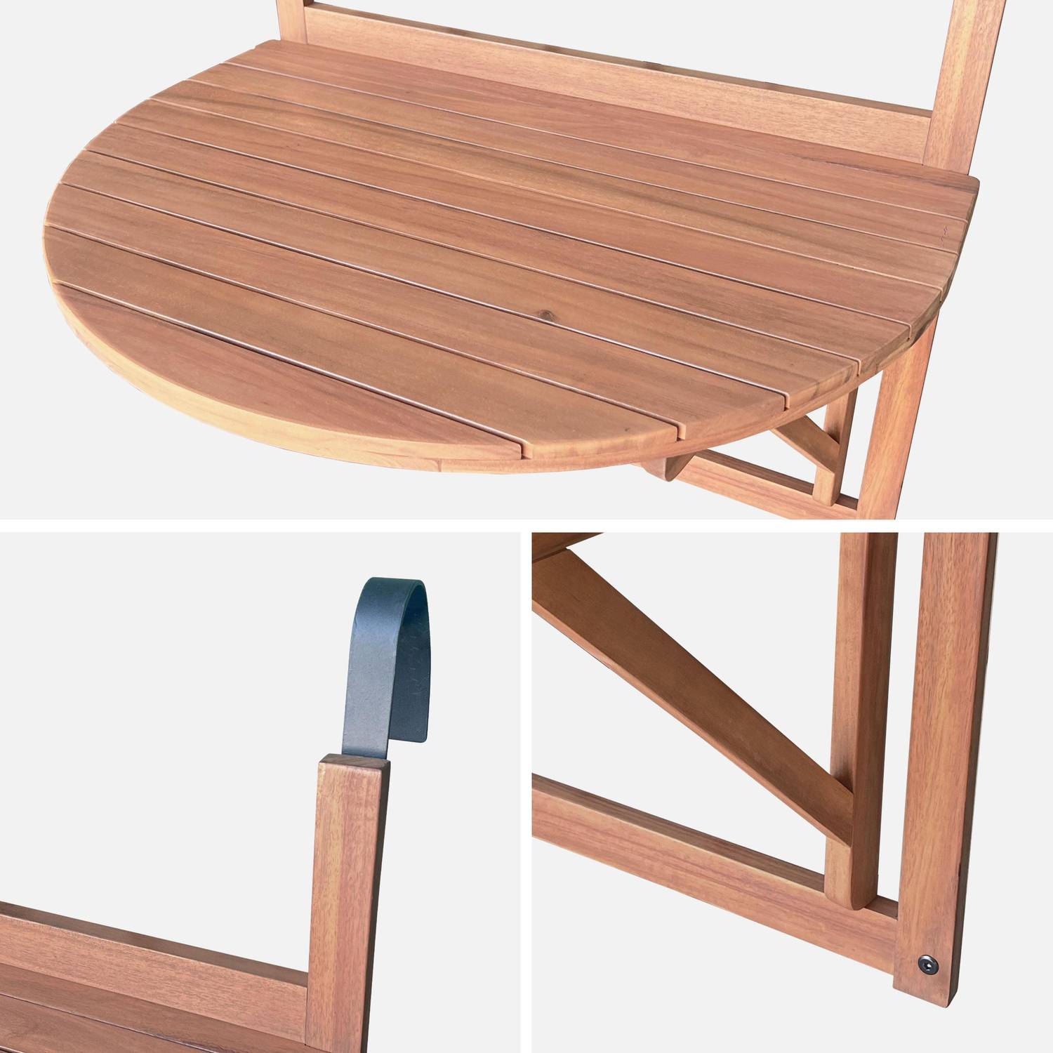 Mesa auxiliar de madera para balcón, semirredonda, plegable, regulable en altura Photo5