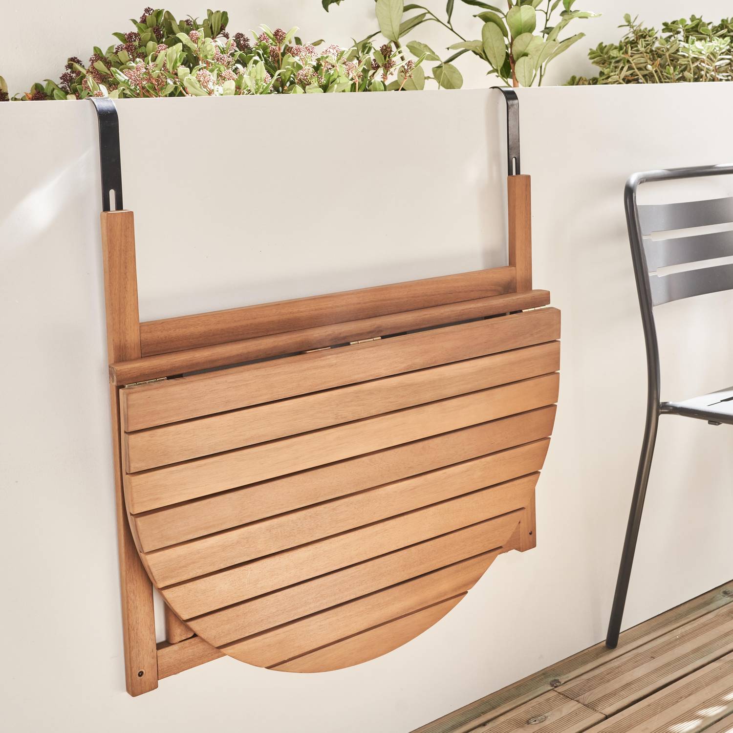 Mesa de apoio em madeira para varanda, semi-redonda, dobrável, regulável em altura Photo2