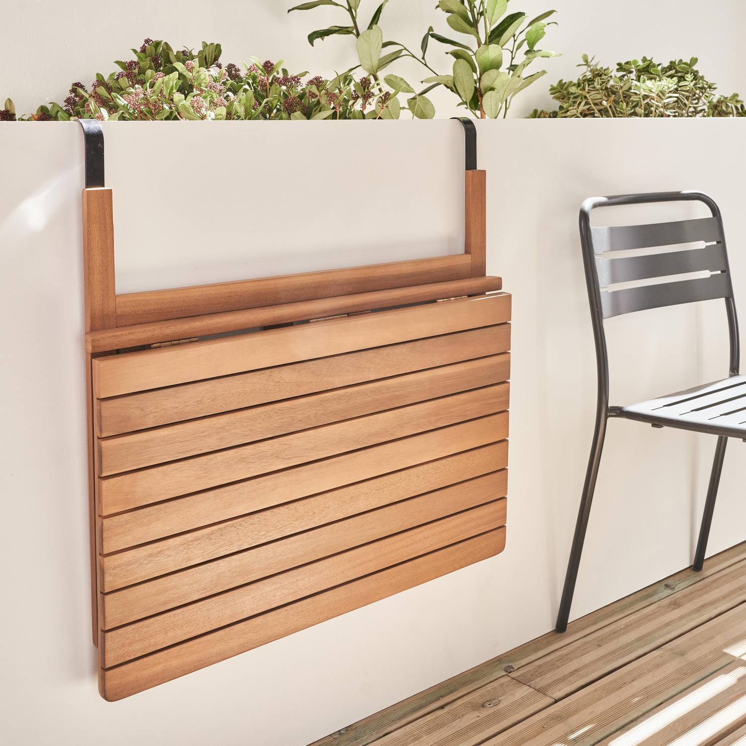 Mesa de apoio em madeira para varanda, retangular, dobrável, regulável em altura Photo2