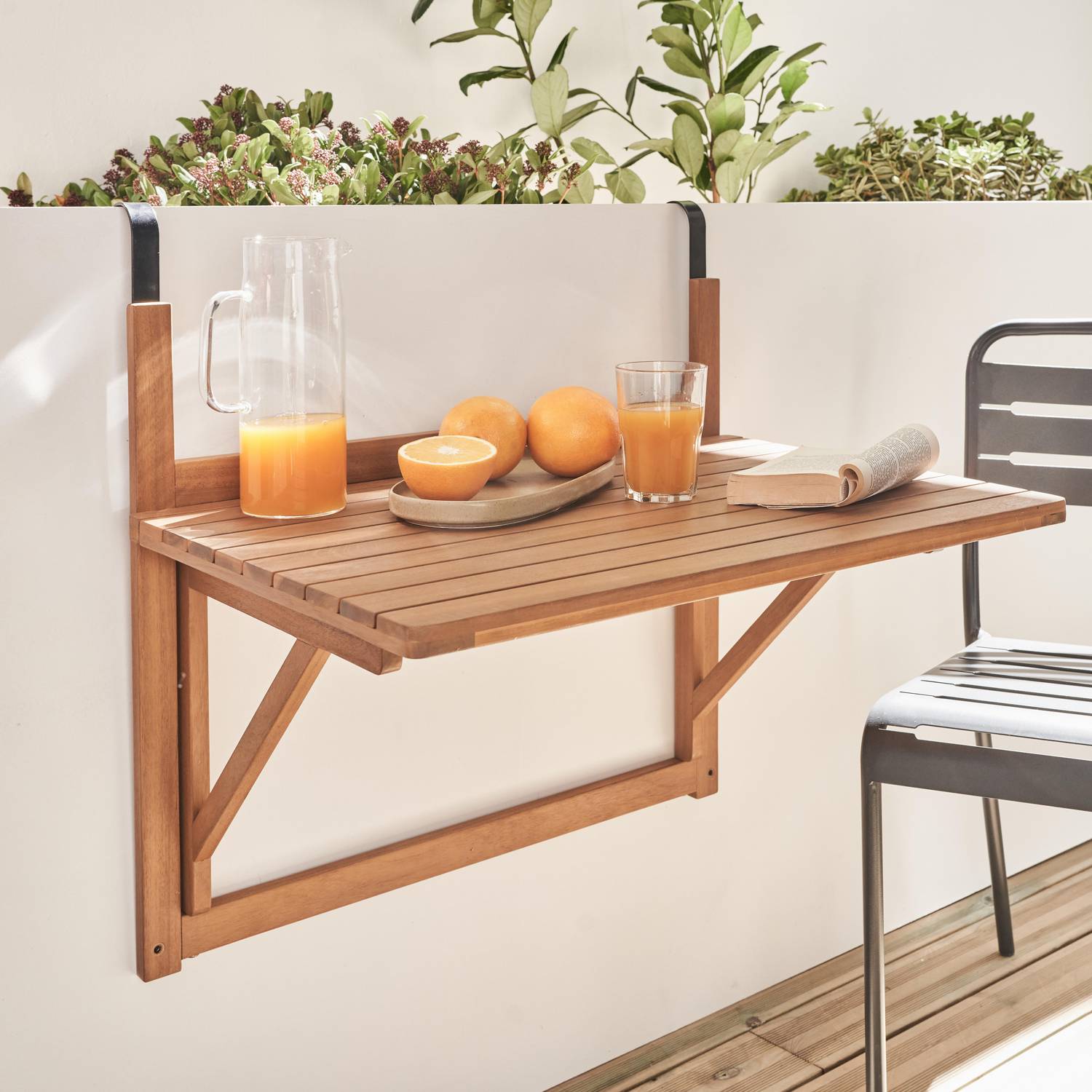 Mesa de apoio em madeira para varanda, retangular, dobrável, regulável em altura Photo1