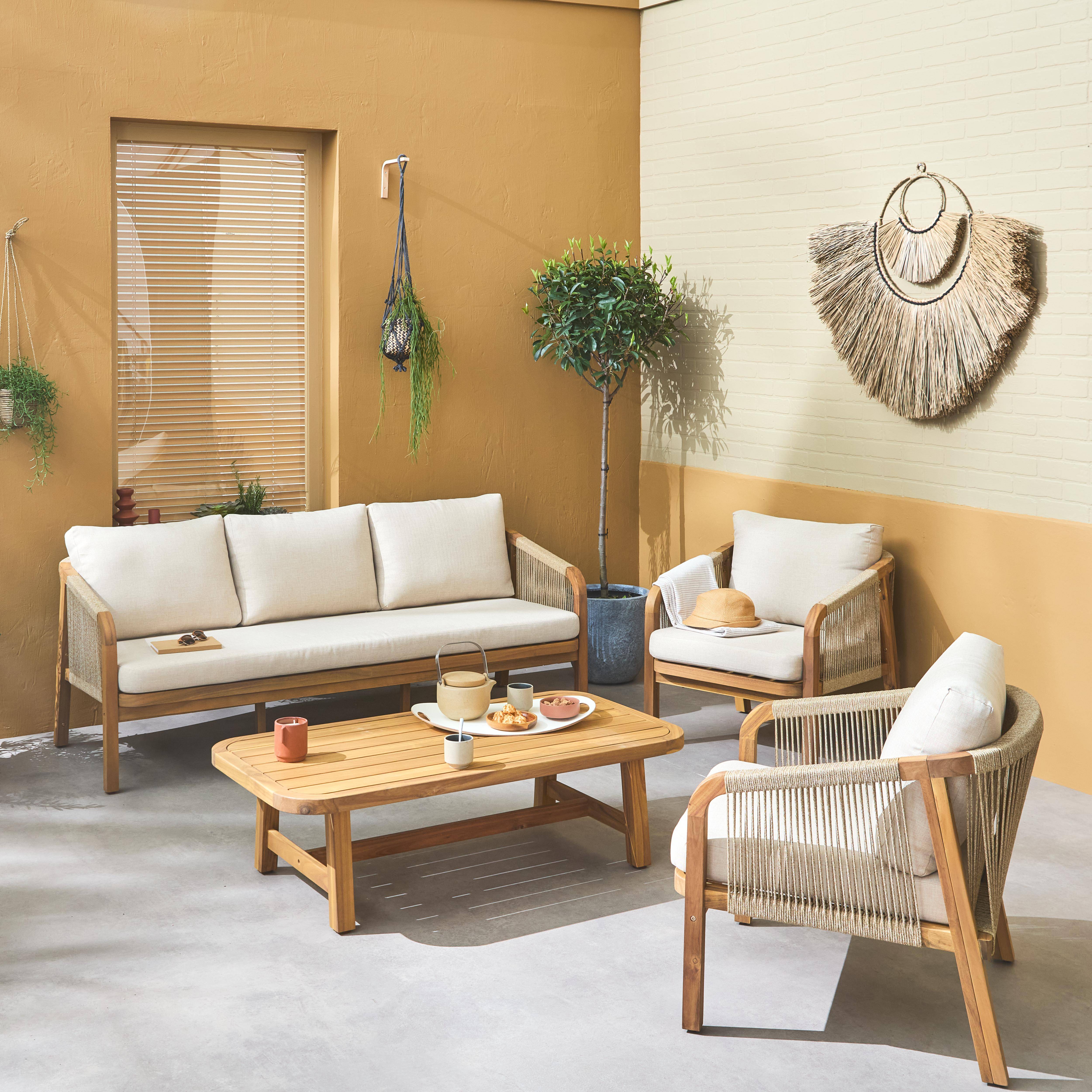 Gartenlounge-Set Akazienholz mit Seilbespannung, Kissenbezüge beige I ...