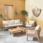 Salon de jardin en bois et cordes, acacia FSC, coussins beige, 5 places  Photo1