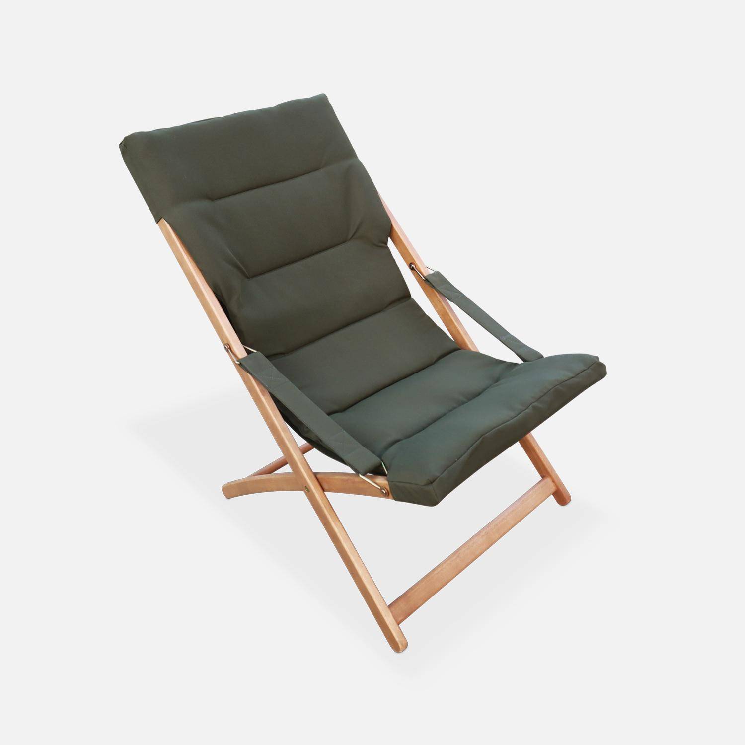 2er Set khaki Liegestühle aus Eukalyptusholz, zusammenklappbar, gepolsterte Sitzfläche - Vigo,sweeek,Photo4