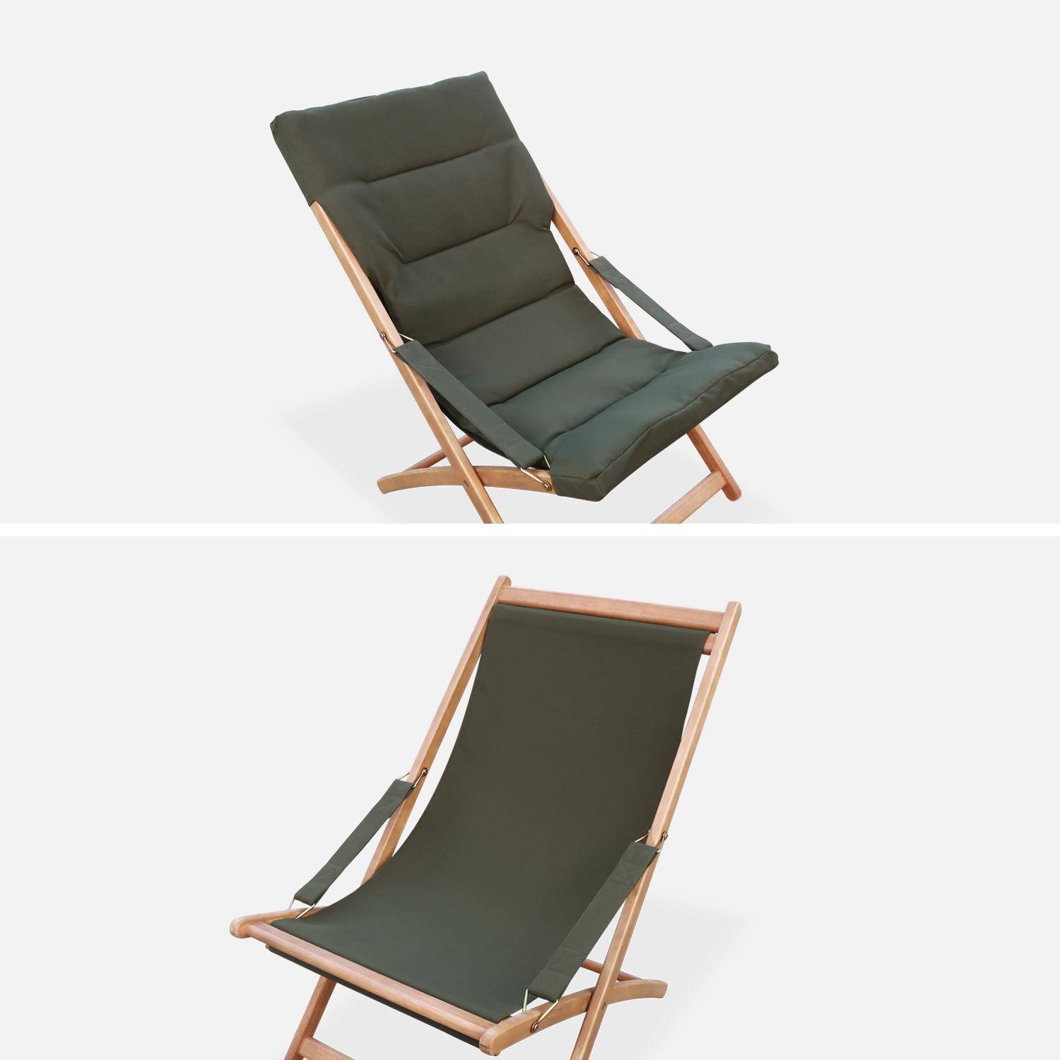 2er Set khaki Liegestühle aus Eukalyptusholz, zusammenklappbar, gepolsterte Sitzfläche - Vigo,sweeek,Photo5