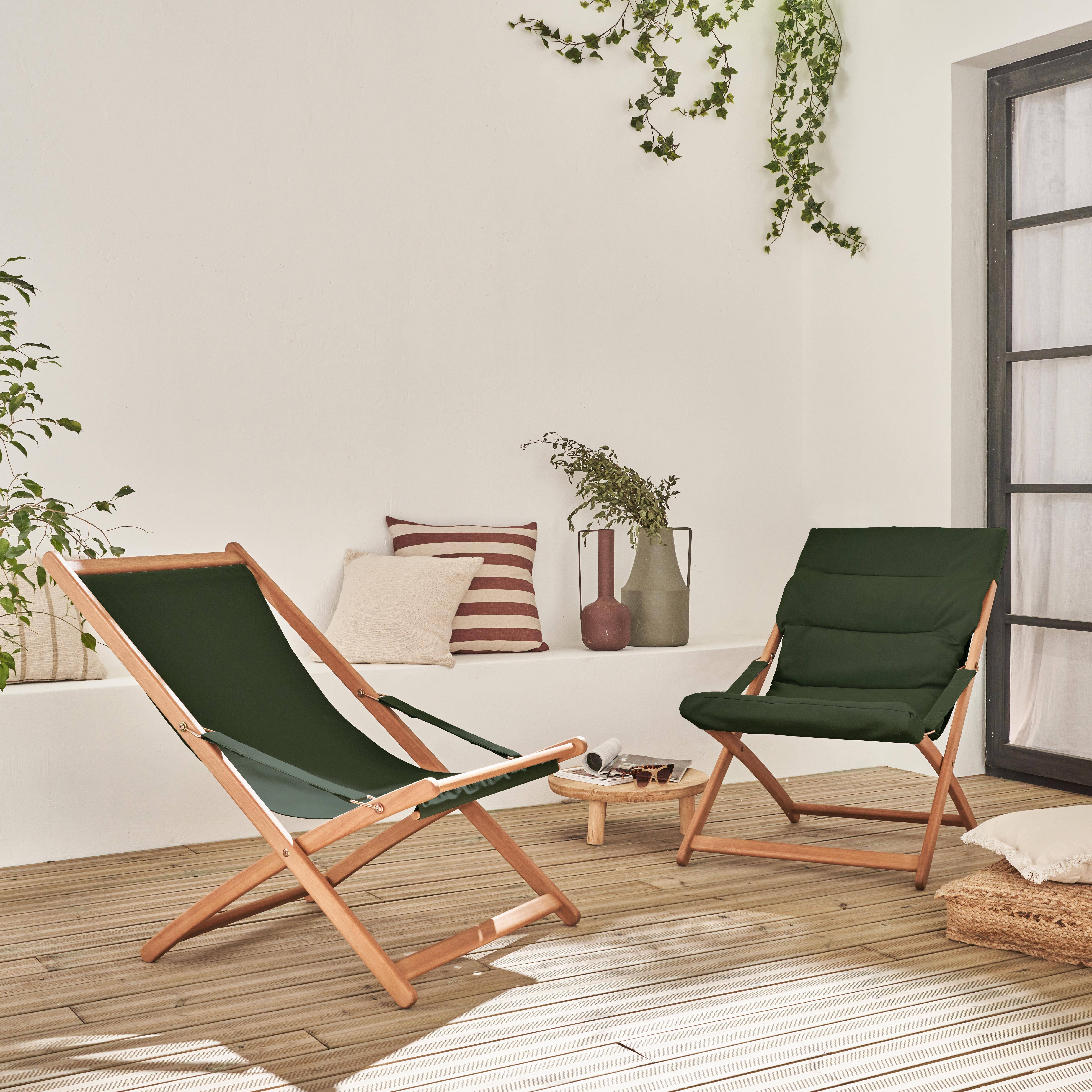 2er Set khaki Liegestühle aus Eukalyptusholz, zusammenklappbar, gepolsterte Sitzfläche - Vigo,sweeek,Photo2