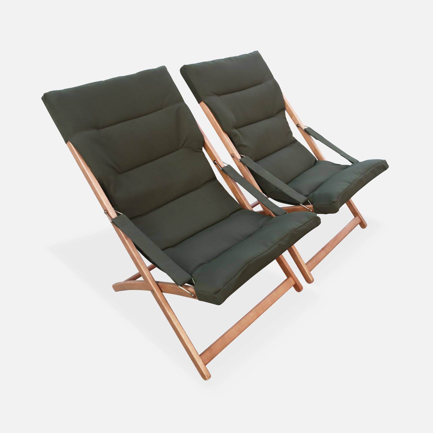 2er Set khaki Liegestühle aus Eukalyptusholz, zusammenklappbar, gepolsterte Sitzfläche - Vigo,sweeek,Photo3