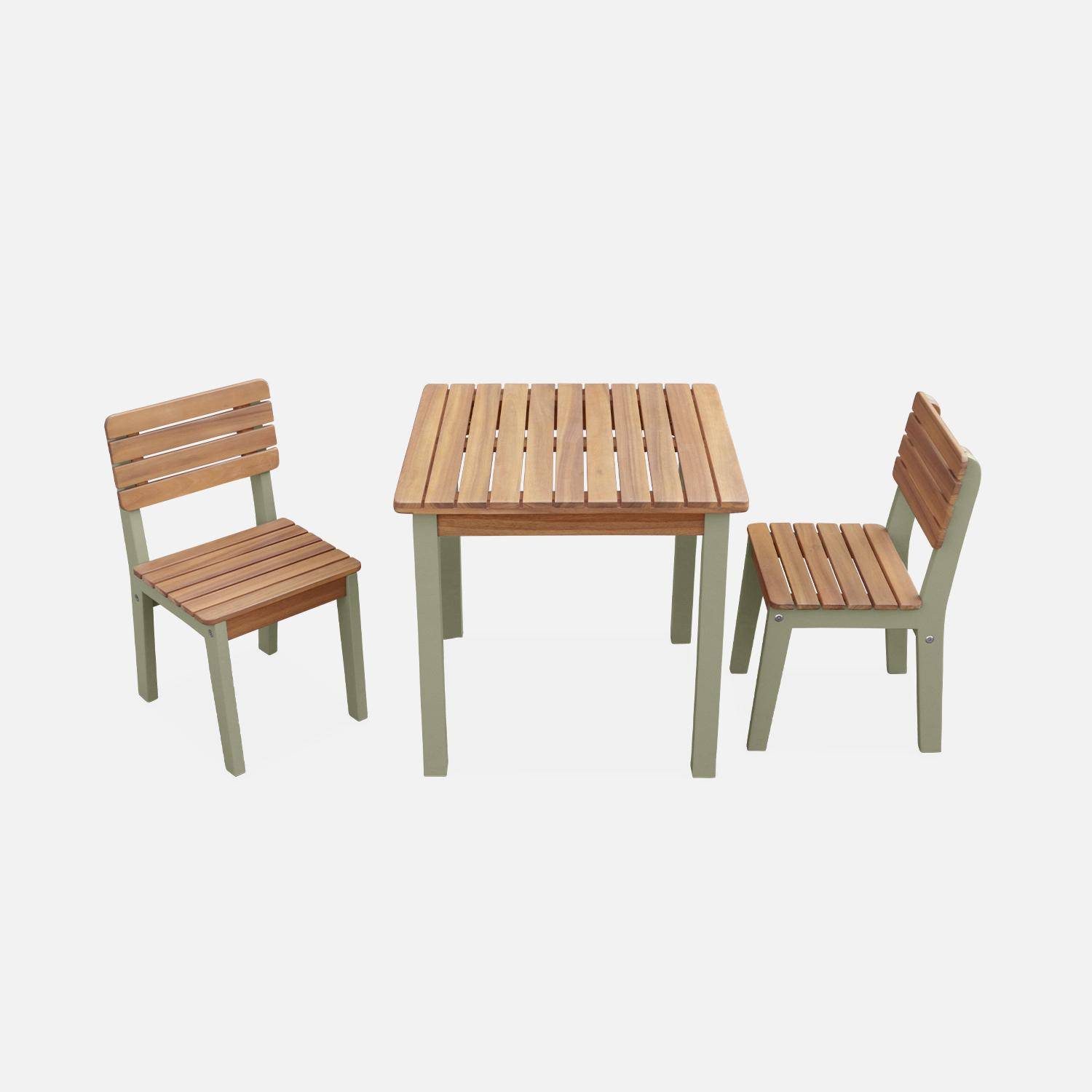 Mesa infantil de madera de acacia FSC, verde agua, para interior y exterior con 2 sillas Photo3