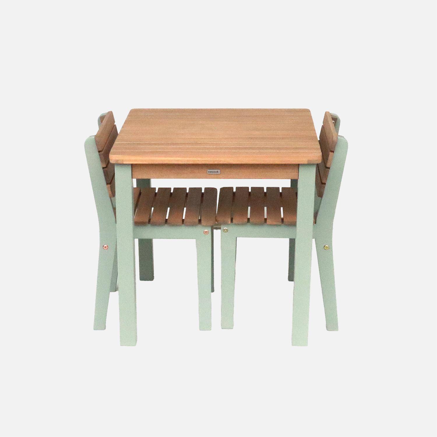 Mesa infantil de madera interior/exterior con 2 sillas, Caroline, Verde grisáceo, 50x50x50 cm,sweeek,Photo4