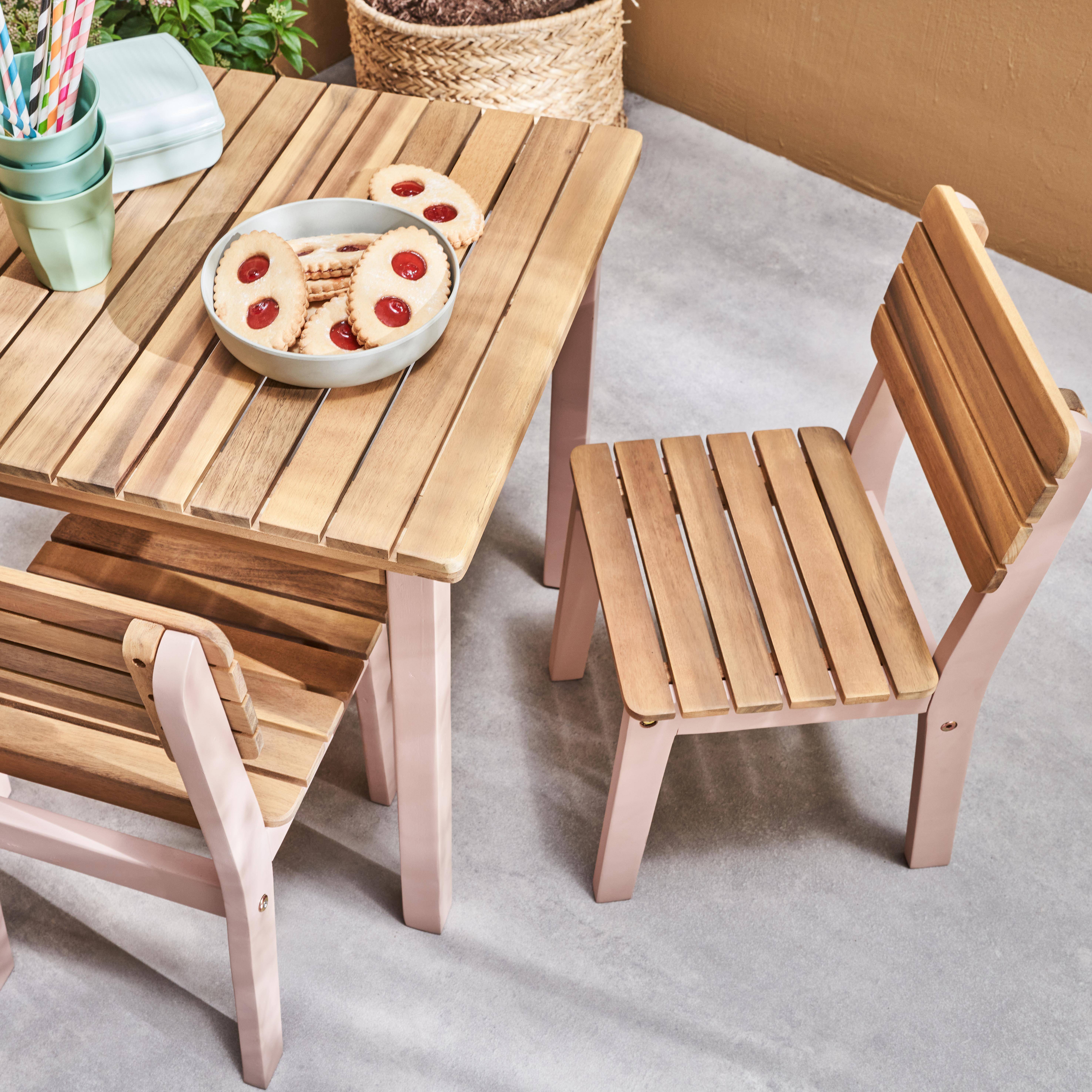 Kindertisch mit 2 Stühlen aus FSC-Akazienholz, rosa, für drinnen und draußen mit 2 Stühlen,sweeek,Photo2