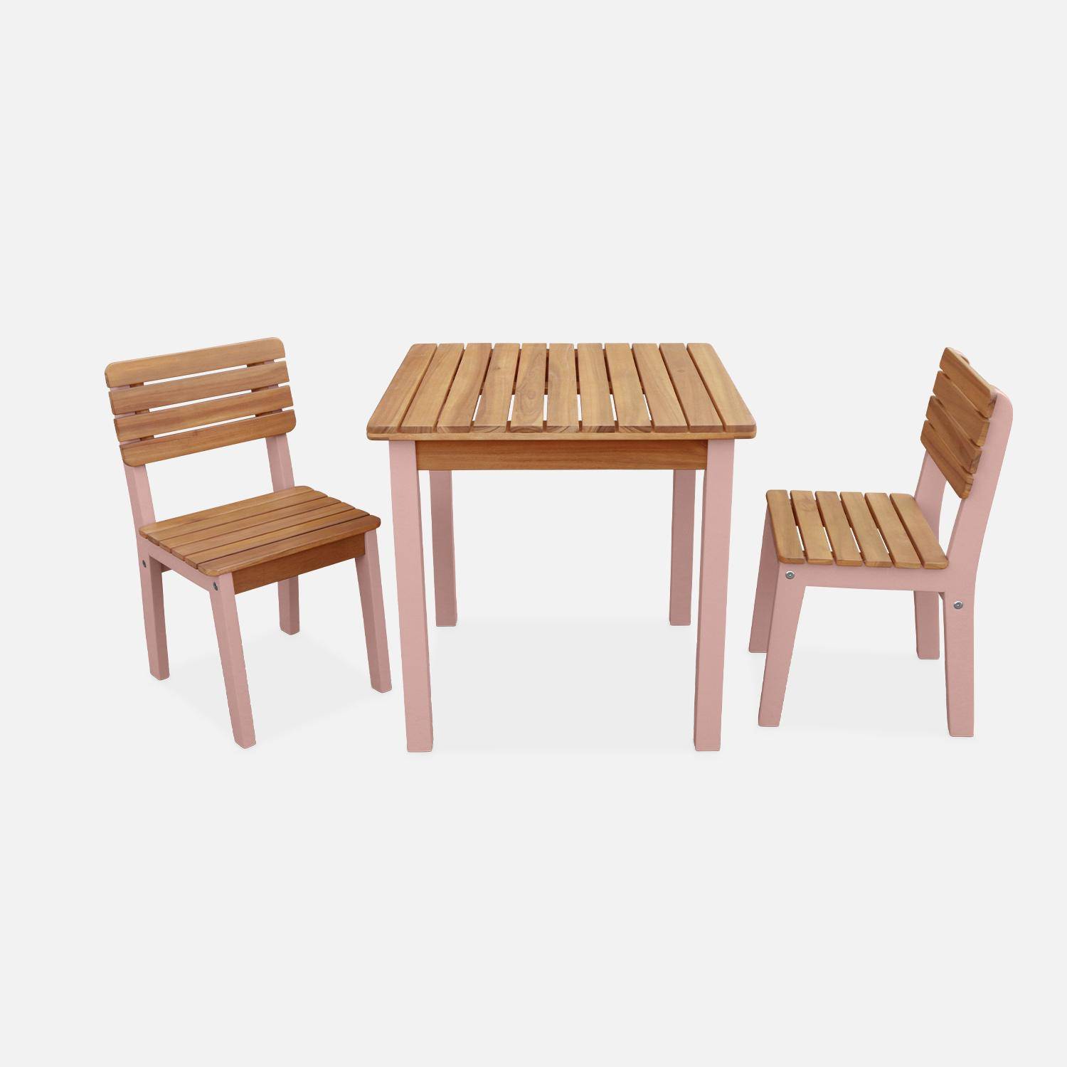 Mesa infantil de madera de acacia FSC, rosa, para interior y exterior, con 2 sillas,sweeek,Photo4