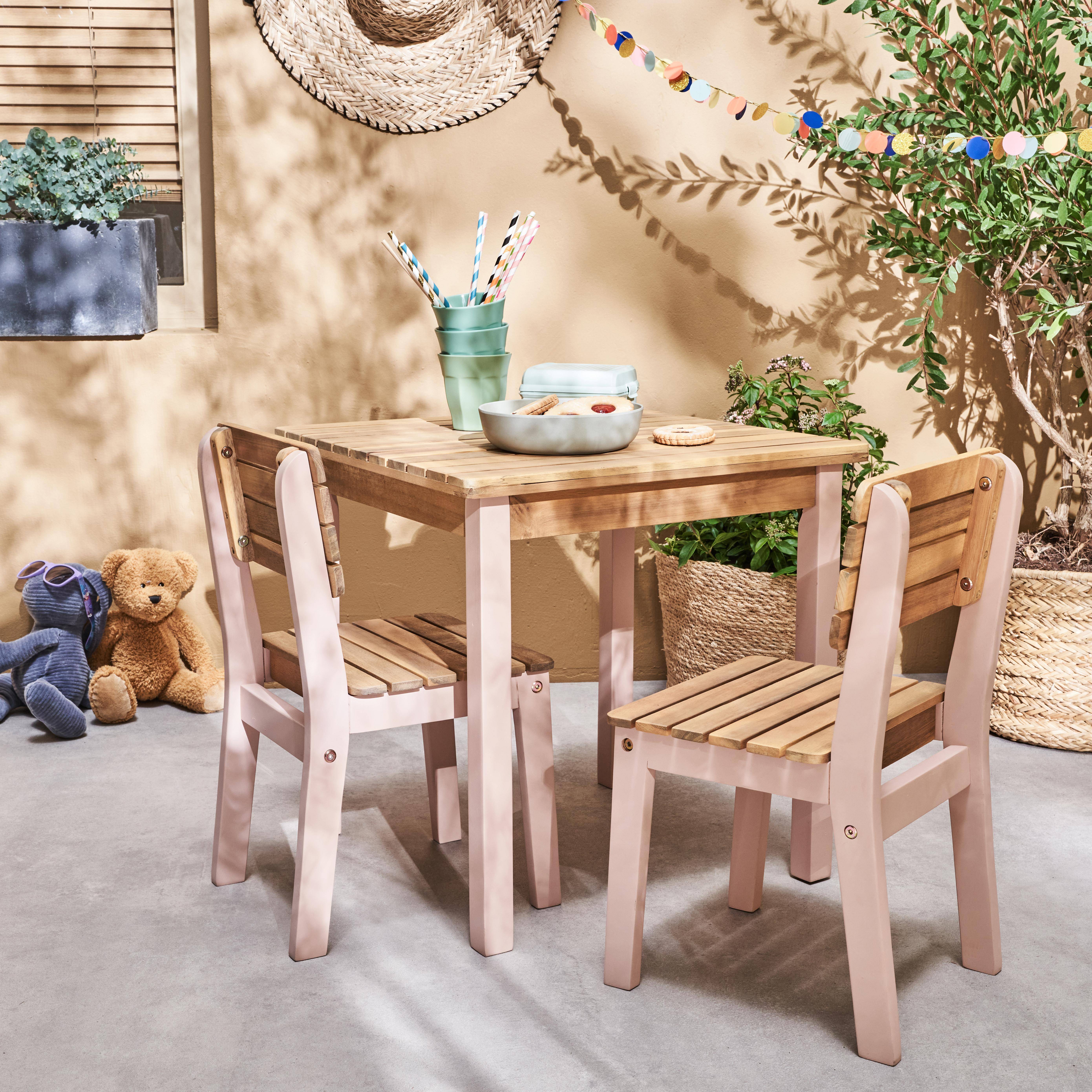 Mesa infantil de madera de acacia FSC, rosa, para interior y exterior, con 2 sillas,sweeek,Photo1