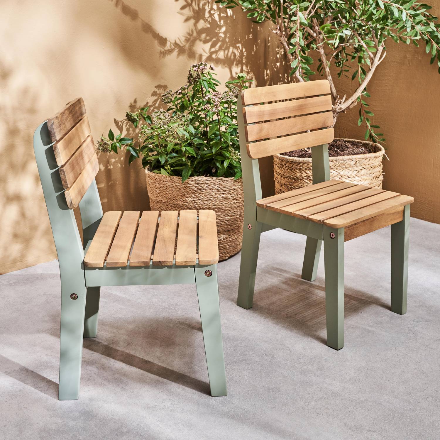  Lot de 2 chaises en bois d'acacia FSC pour enfant, salon de jardin enfant vert de gris, intérieur / extérieur  Photo1