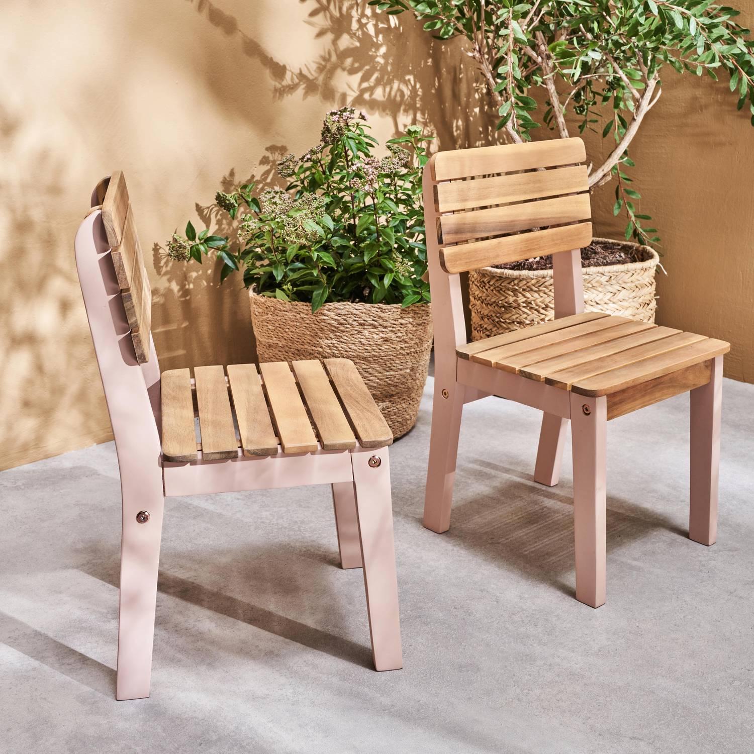  Lot de 2 chaises en bois d'acacia FSC pour enfant, salon de jardin enfant rose, intérieur / extérieur  Photo1
