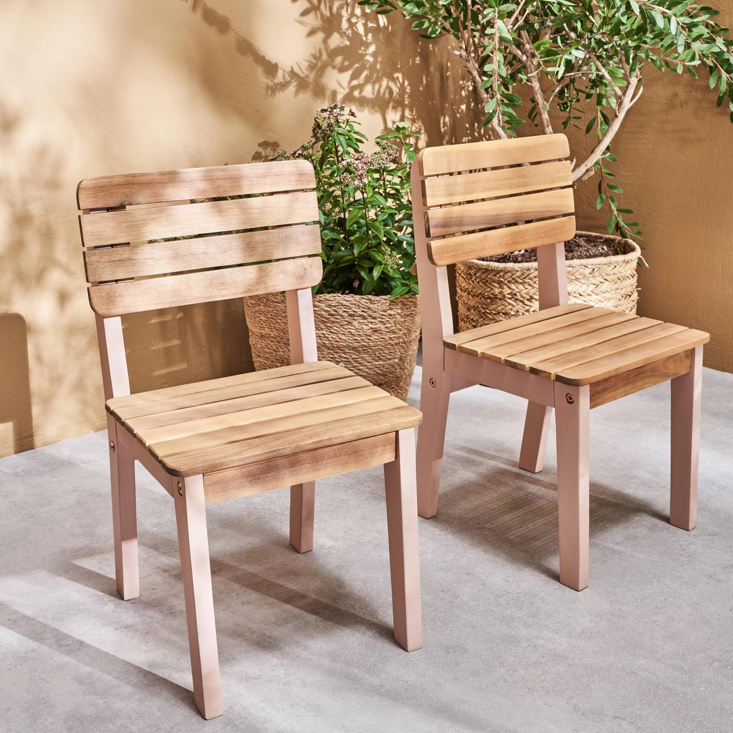  Lot de 2 chaises en bois d'acacia FSC pour enfant, salon de jardin enfant rose, intérieur / extérieur  Photo2