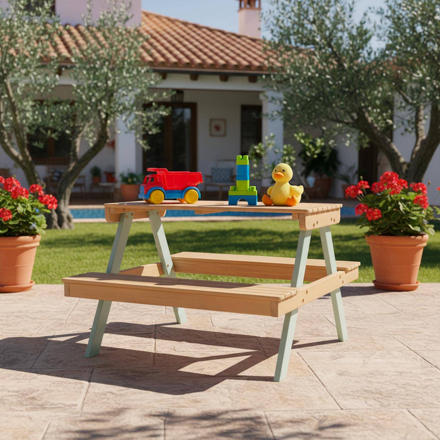 Acaciahouten picknicktafel voor kinderen, 2 plaatsen, kleur licht teak en grijsgroen Photo2