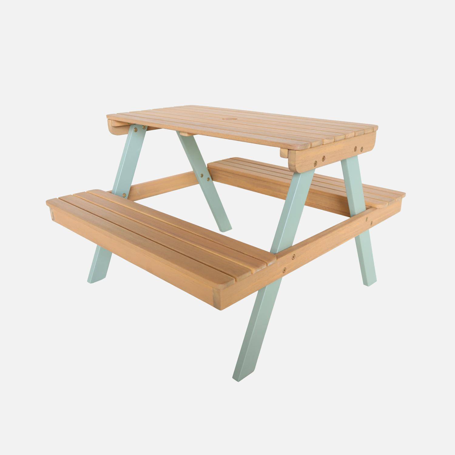 Acaciahouten picknicktafel voor kinderen, 2 plaatsen, kleur licht teak en grijsgroen - Caroline,sweeek,Photo2