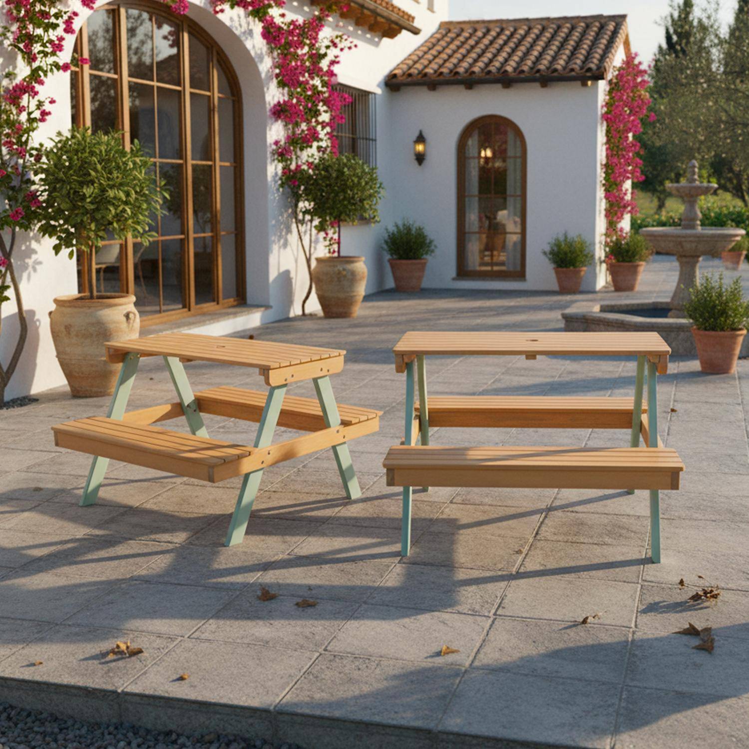 Acaciahouten picknicktafel voor kinderen, 2 plaatsen, kleur licht teak en grijsgroen,sweeek,Photo1