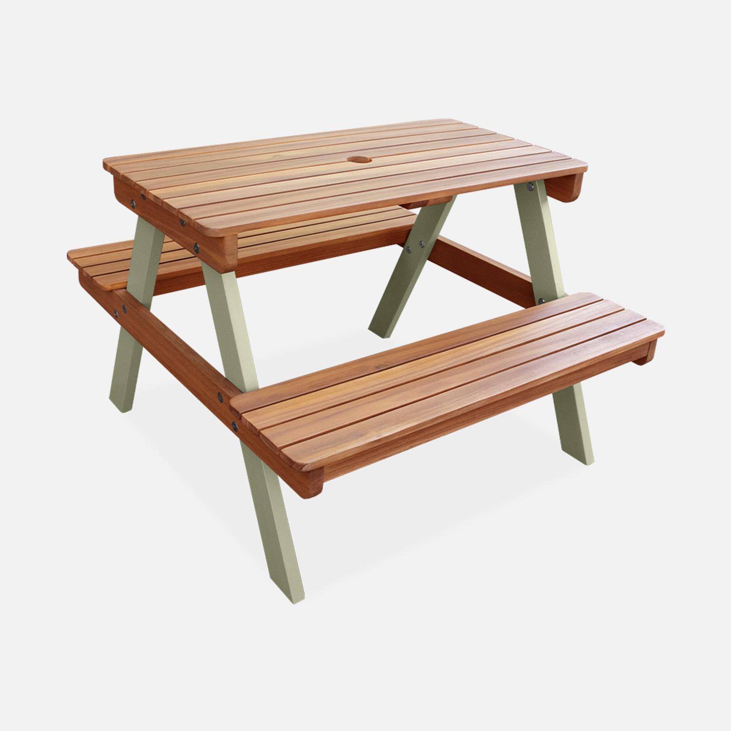 Picknicktisch aus hellem Akazienholz für Kinder, 2 Sitzplätze, naturfarben und graugrün,sweeek,Photo3