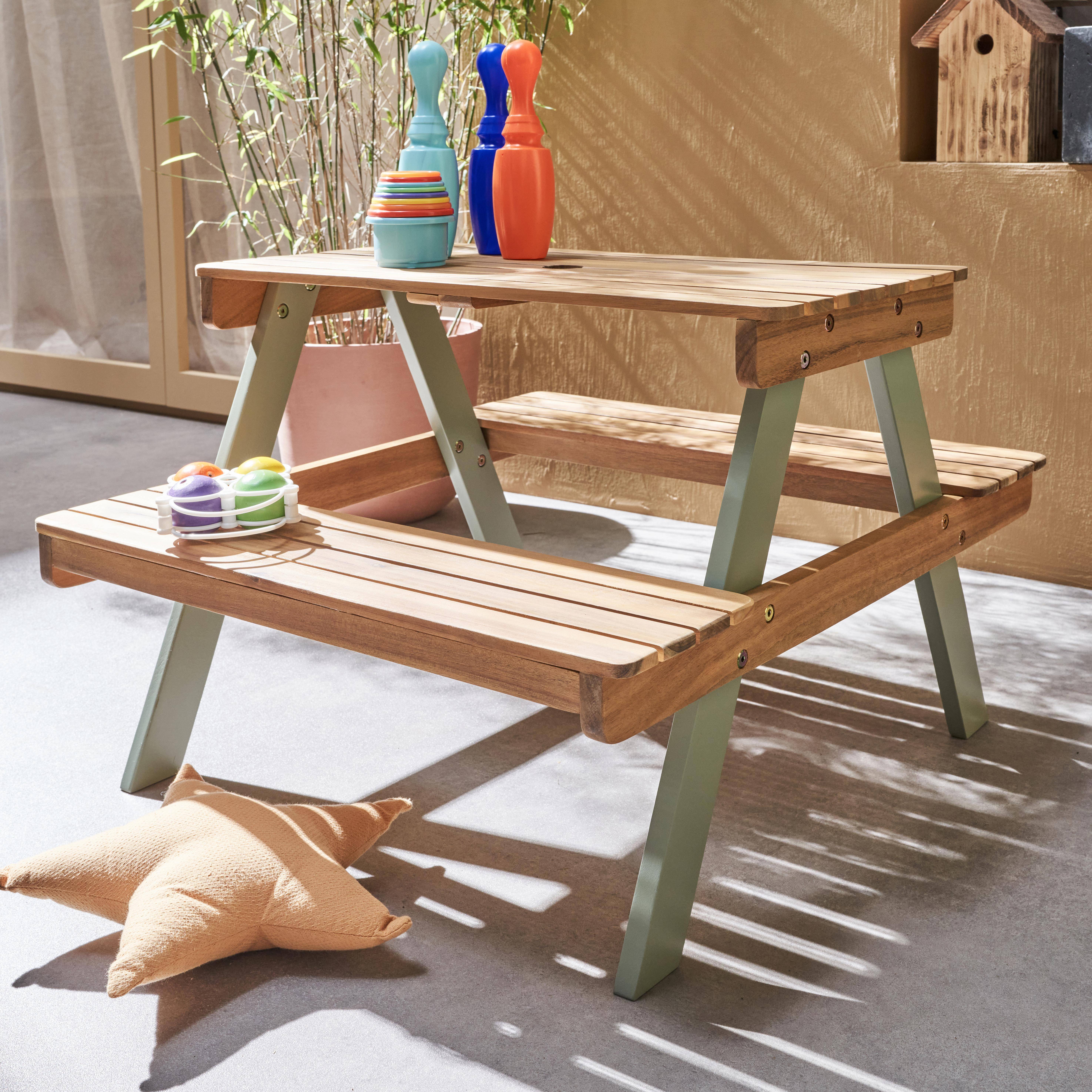 Picknicktisch aus hellem Akazienholz für Kinder, 2 Sitzplätze, naturfarben und graugrün,sweeek,Photo2