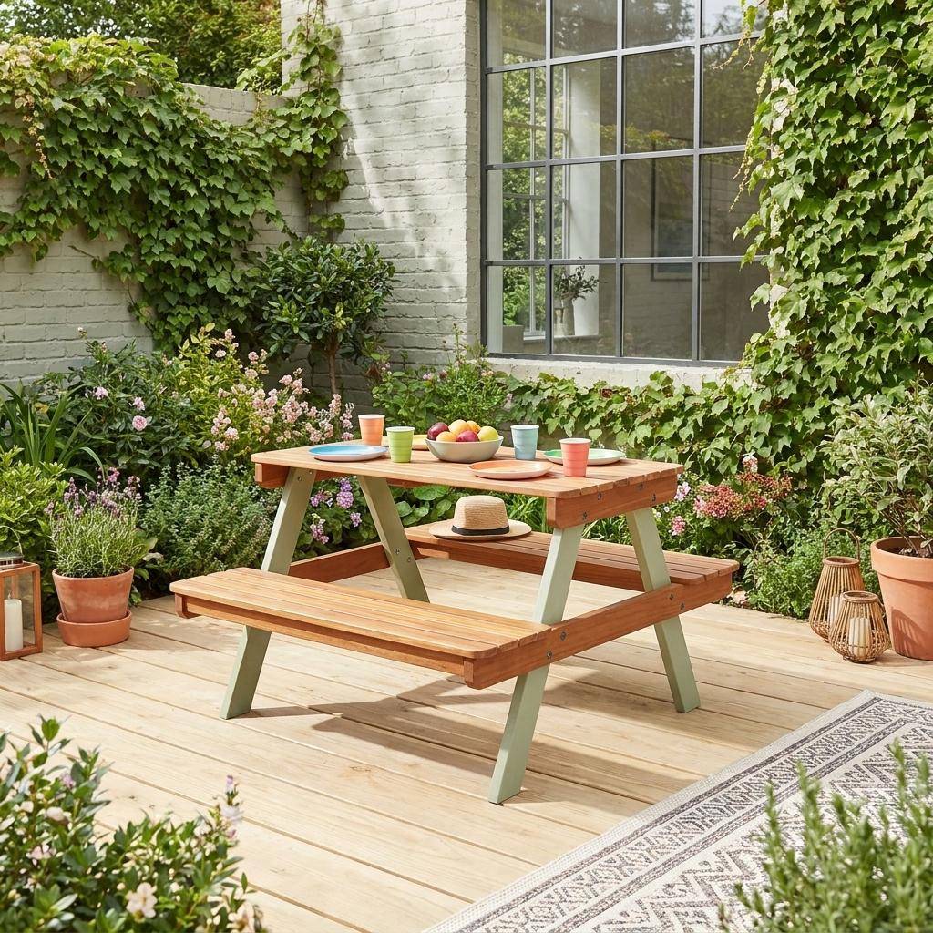 Acaciahouten picknicktafel voor kinderen, 2 plaatsen, kleur licht teak en grijsgroen - Caroline Photo1