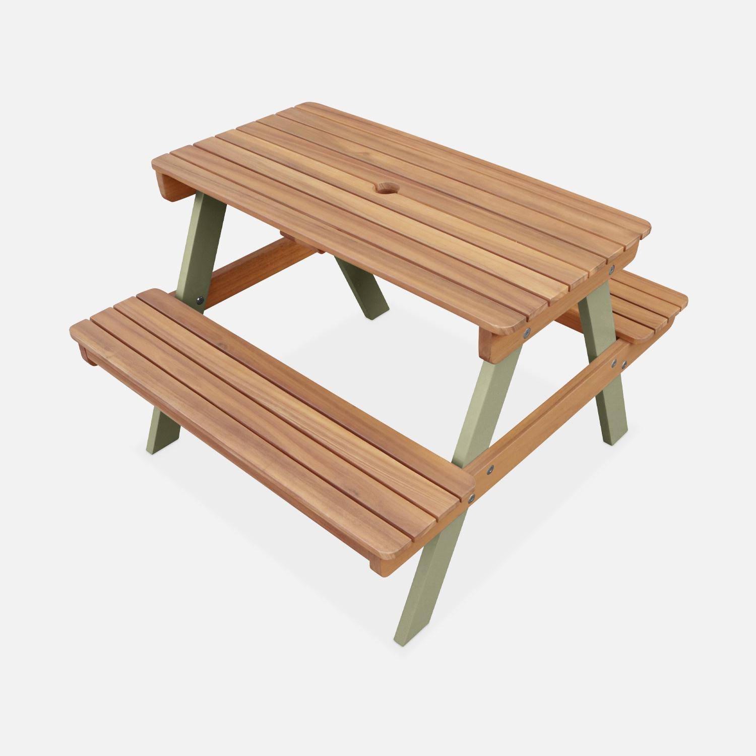 Picknicktisch aus hellem Akazienholz für Kinder, 2 Sitzplätze, naturfarben und graugrün,sweeek,Photo4