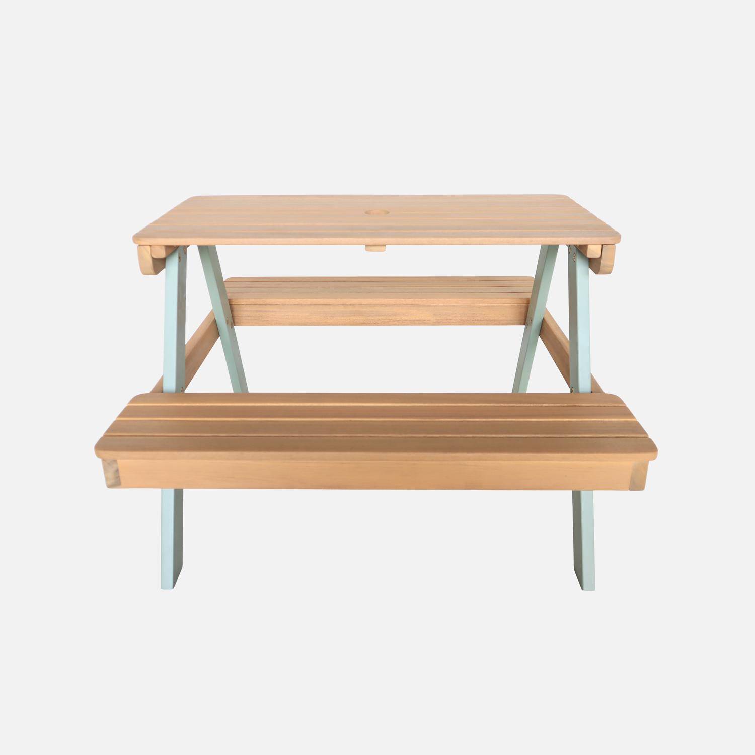 Table de pique-nique en bois d'acacia pour enfant, 2 places, couleur teck clair et vert de gris ,sweeek,Photo2