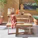 Table de pique-nique en bois d'acacia pour enfant, 2 places, salon de jardin enfant couleur teck clair et rose Photo1