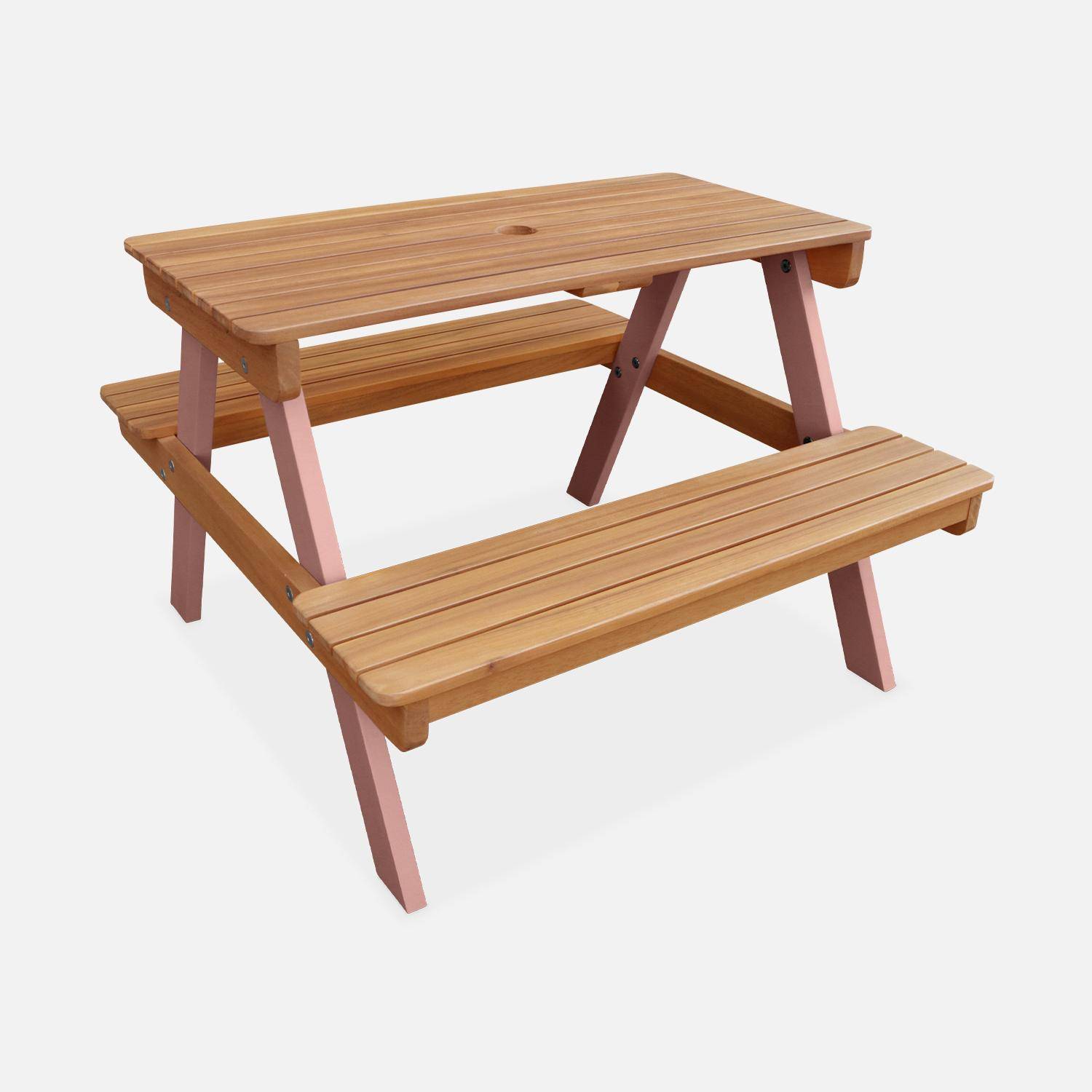 Table de pique-nique en bois d'acacia pour enfant, 2 places, couleur teck clair et rose Photo4