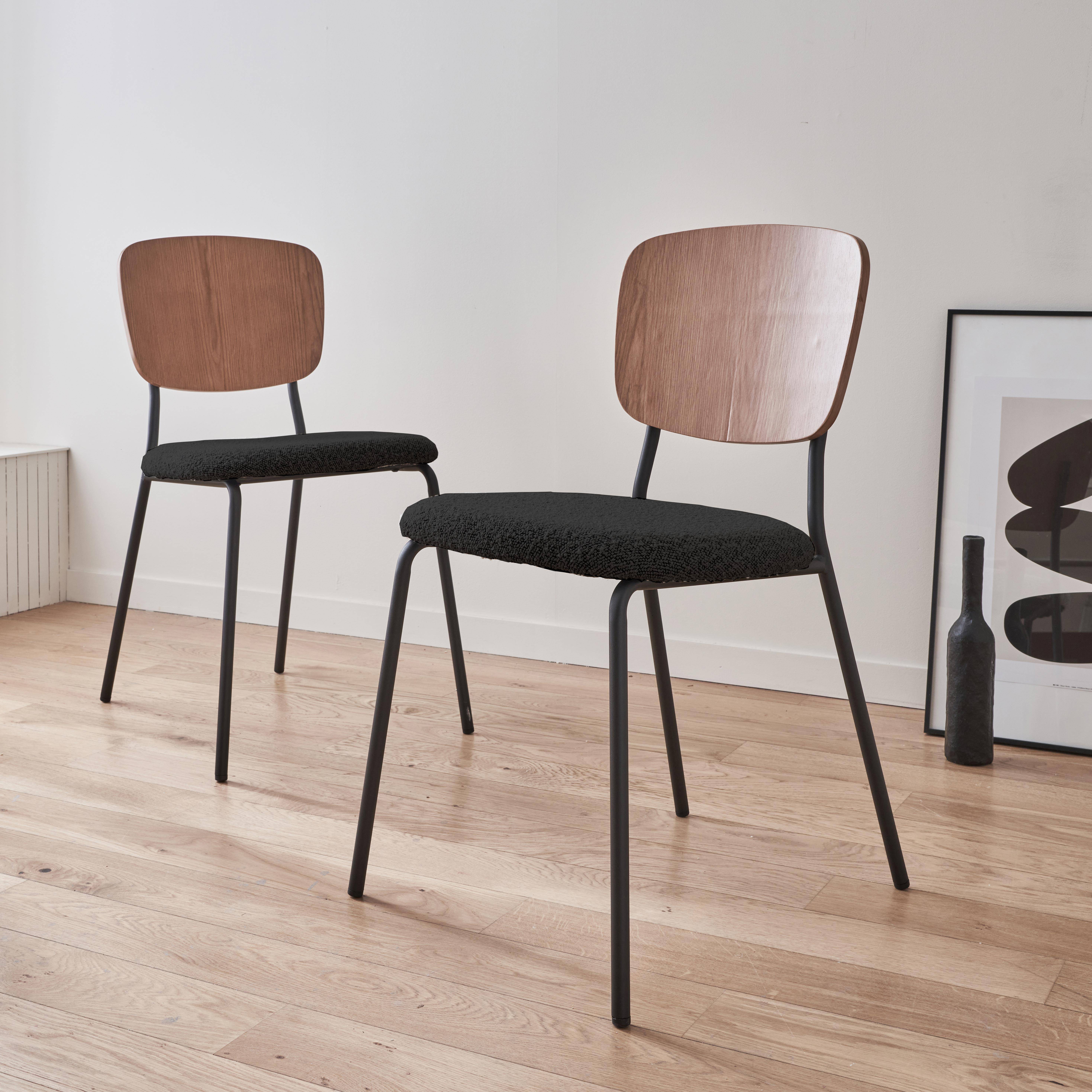 2er Set Stühle mit strukturiertem Bouclé-Sitz in schwarz, Rückenlehne aus gebogenem Pappelholz, Beine aus mattschwarzem Metall Photo1