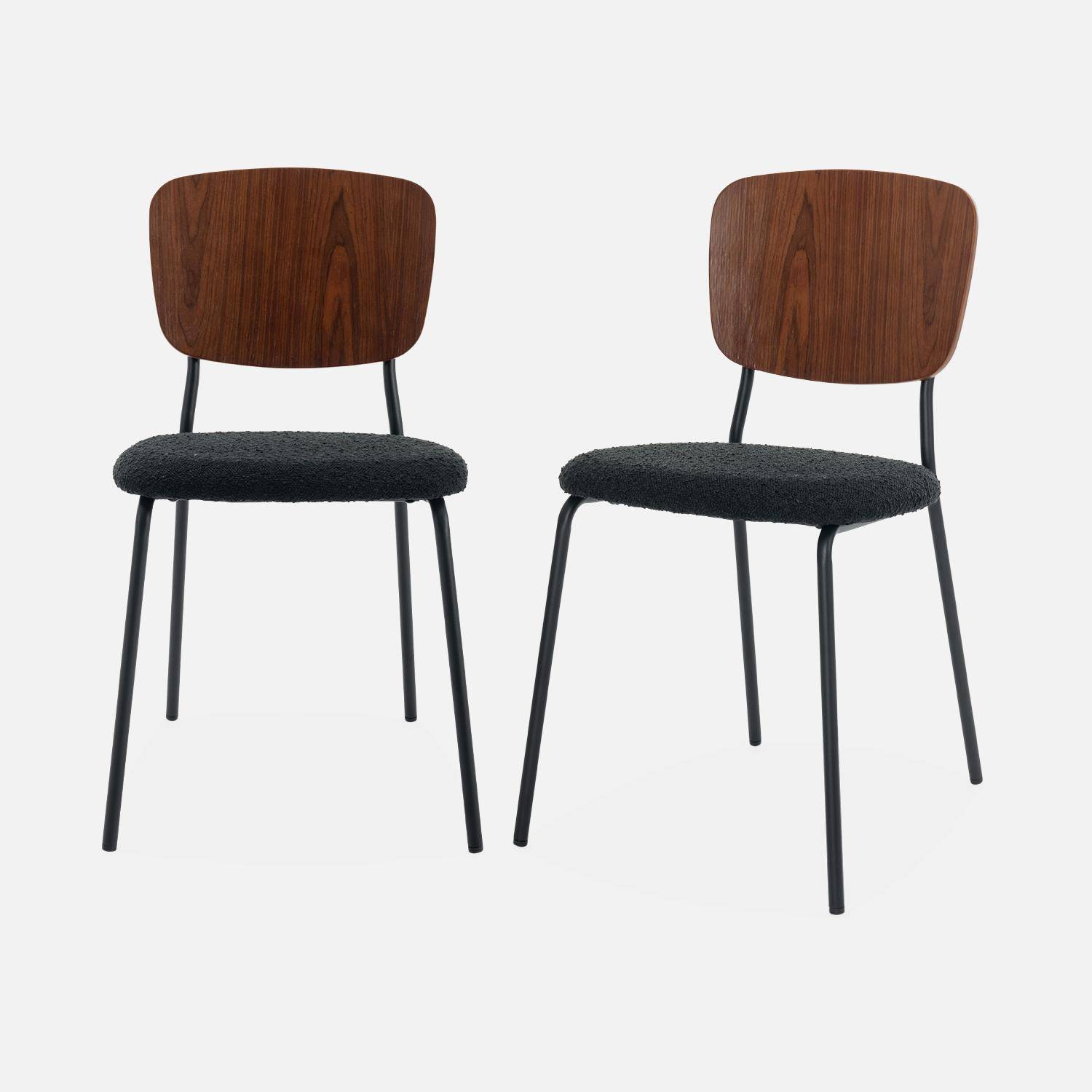 Lot de 2 chaises assise bouclette texturée noire, dossier bois de peuplier courbé, pieds en métal noir mat Photo3