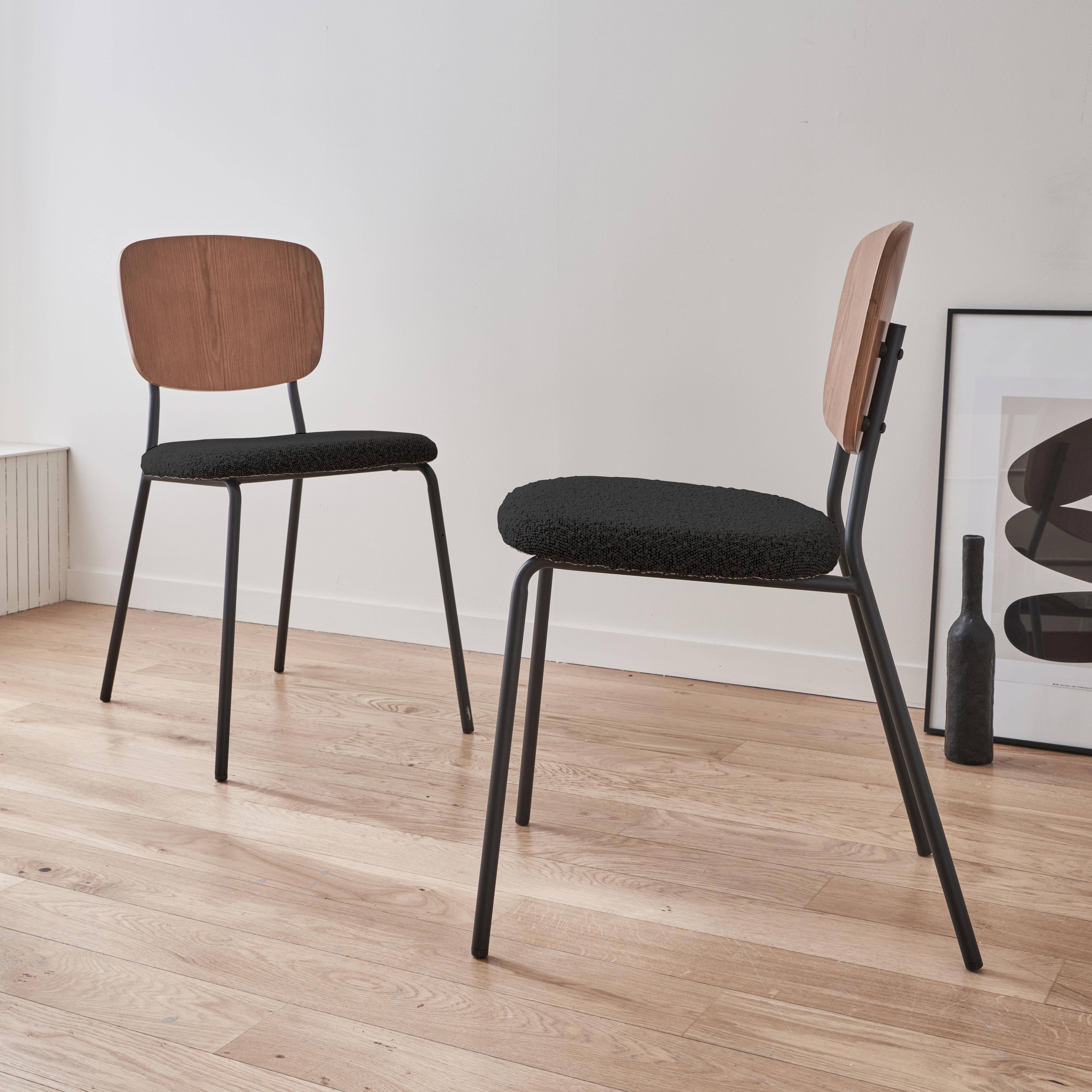 Lot de 2 chaises assise bouclette texturée noire, dossier bois de peuplier courbé, pieds en métal noir mat Photo2