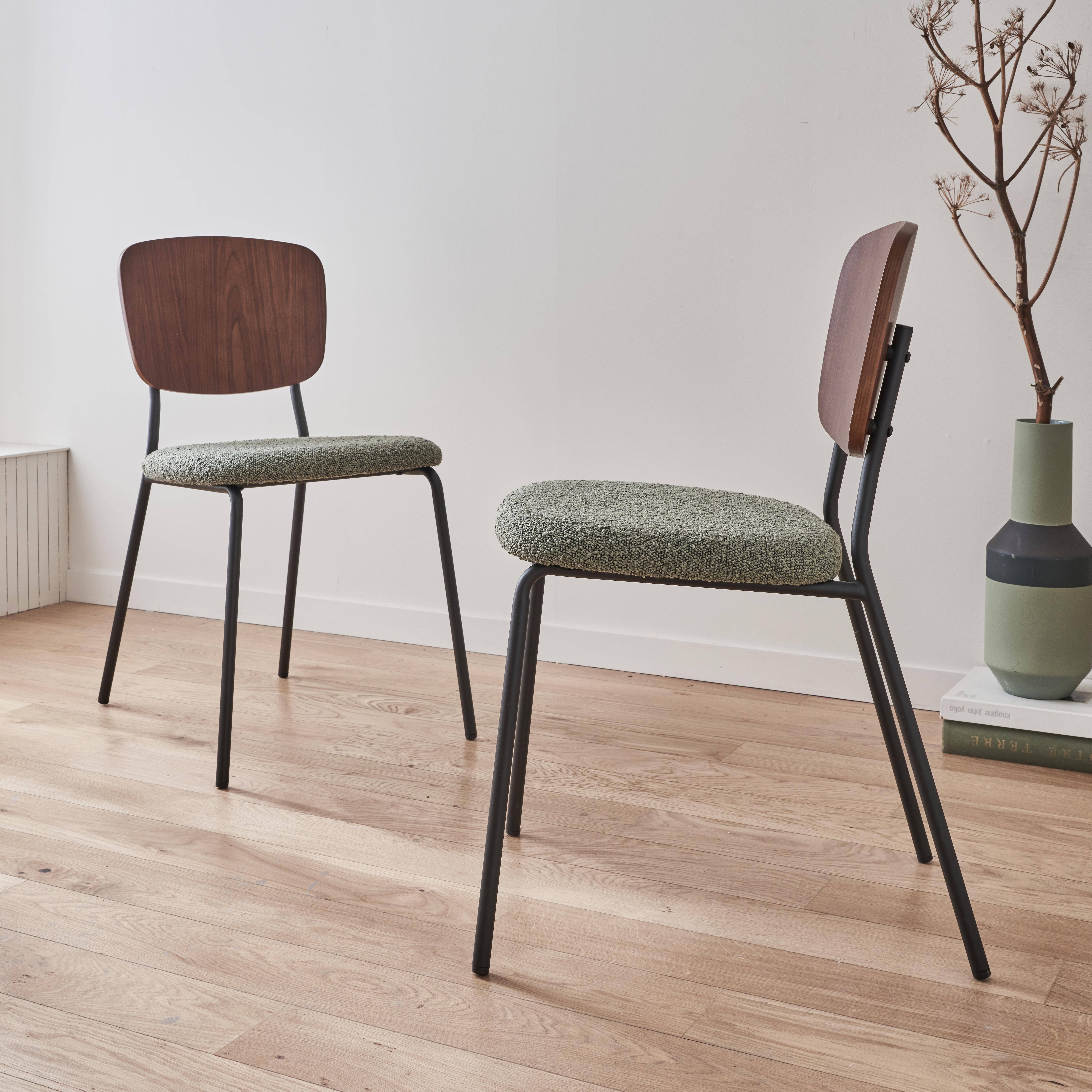 Set van 2 stoelen, groene bouclézitting, gebogen populierenhouten rugleuning, matzwarte metalen poten,sweeek,Photo2