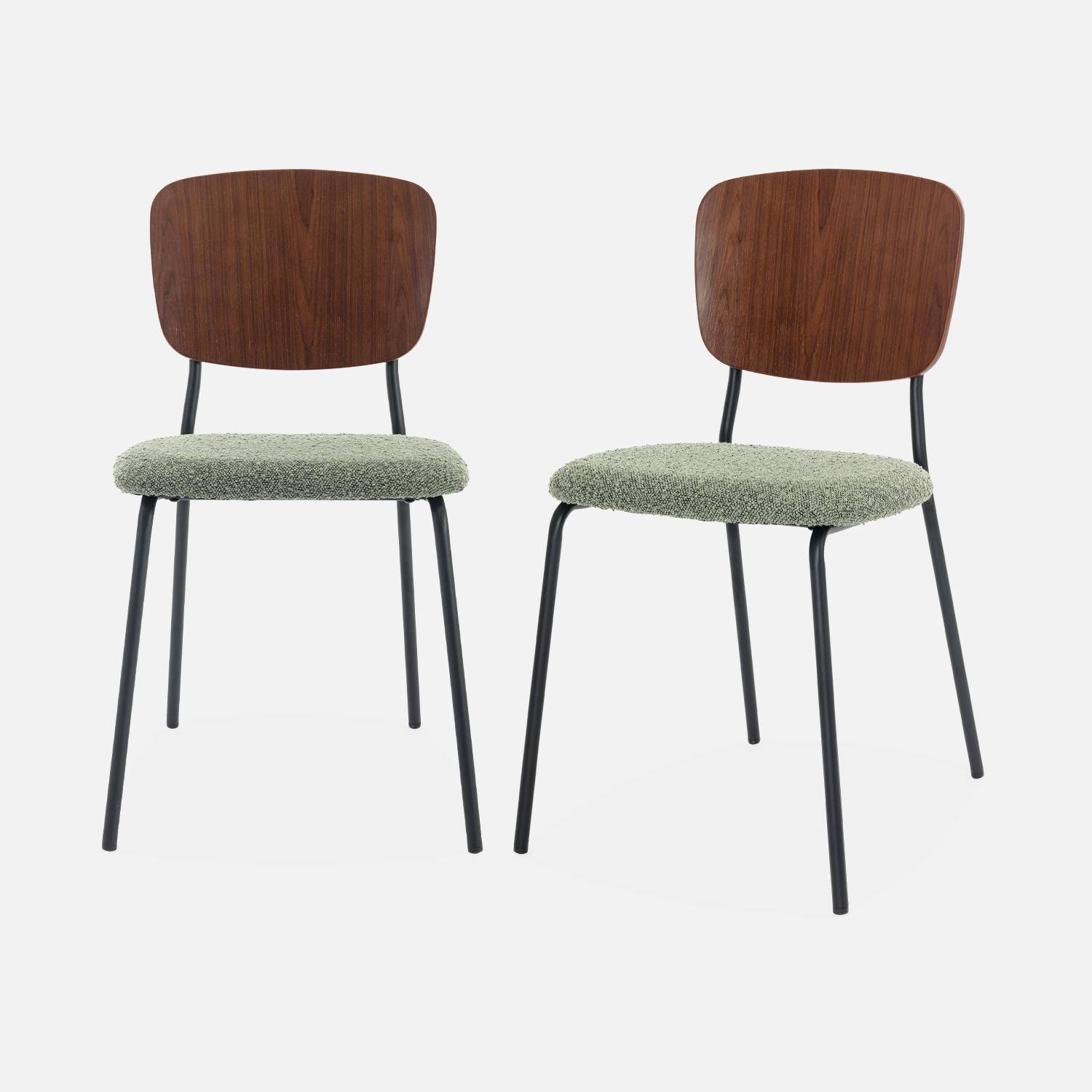 2er Set Stühle mit strukturiertem Bouclé-Sitz in grün, Rückenlehne aus gebogenem Pappelholz, Beine aus mattschwarzem Metall Photo3