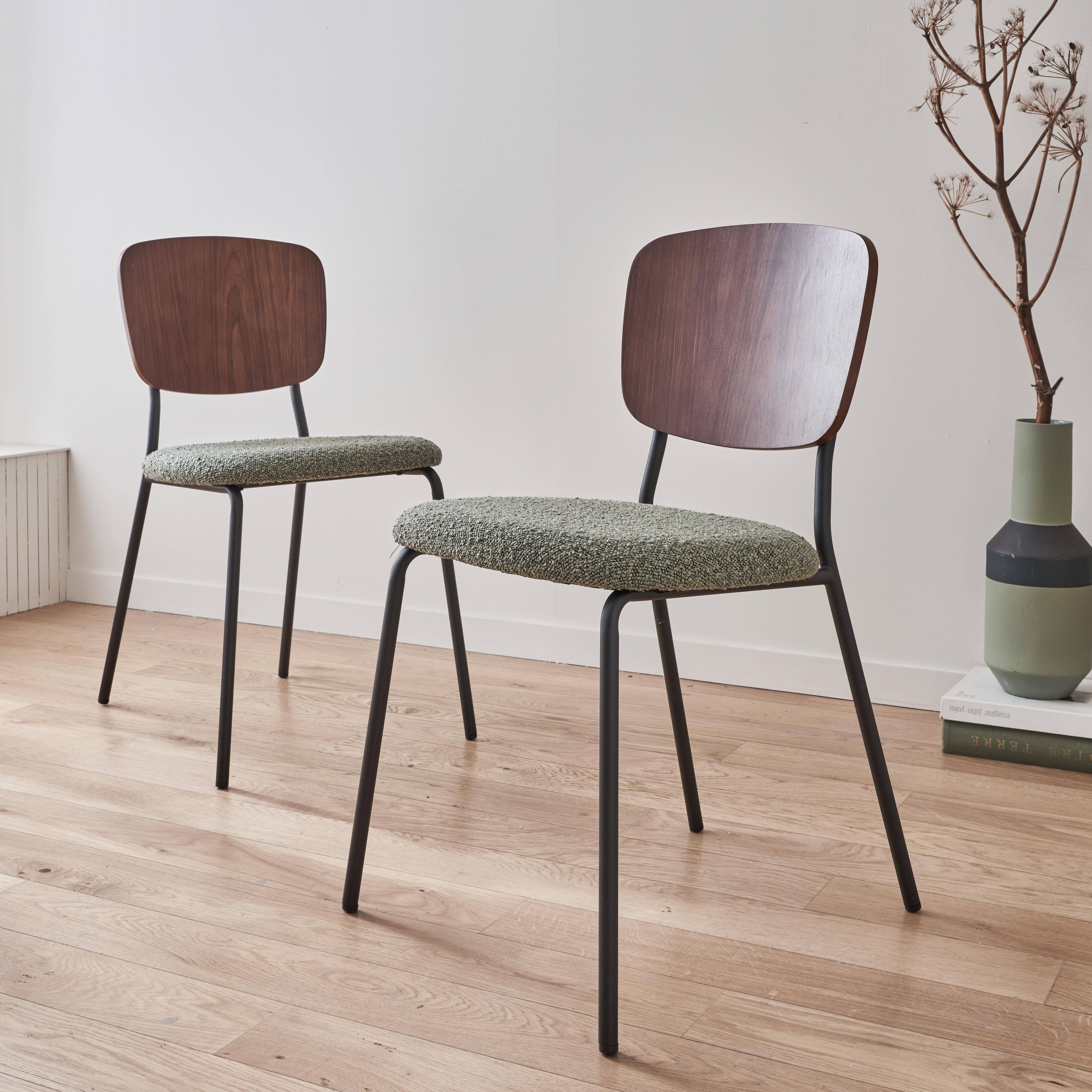 2er Set Stühle mit strukturiertem Bouclé-Sitz in grün, Rückenlehne aus gebogenem Pappelholz, Beine aus mattschwarzem Metall Photo1