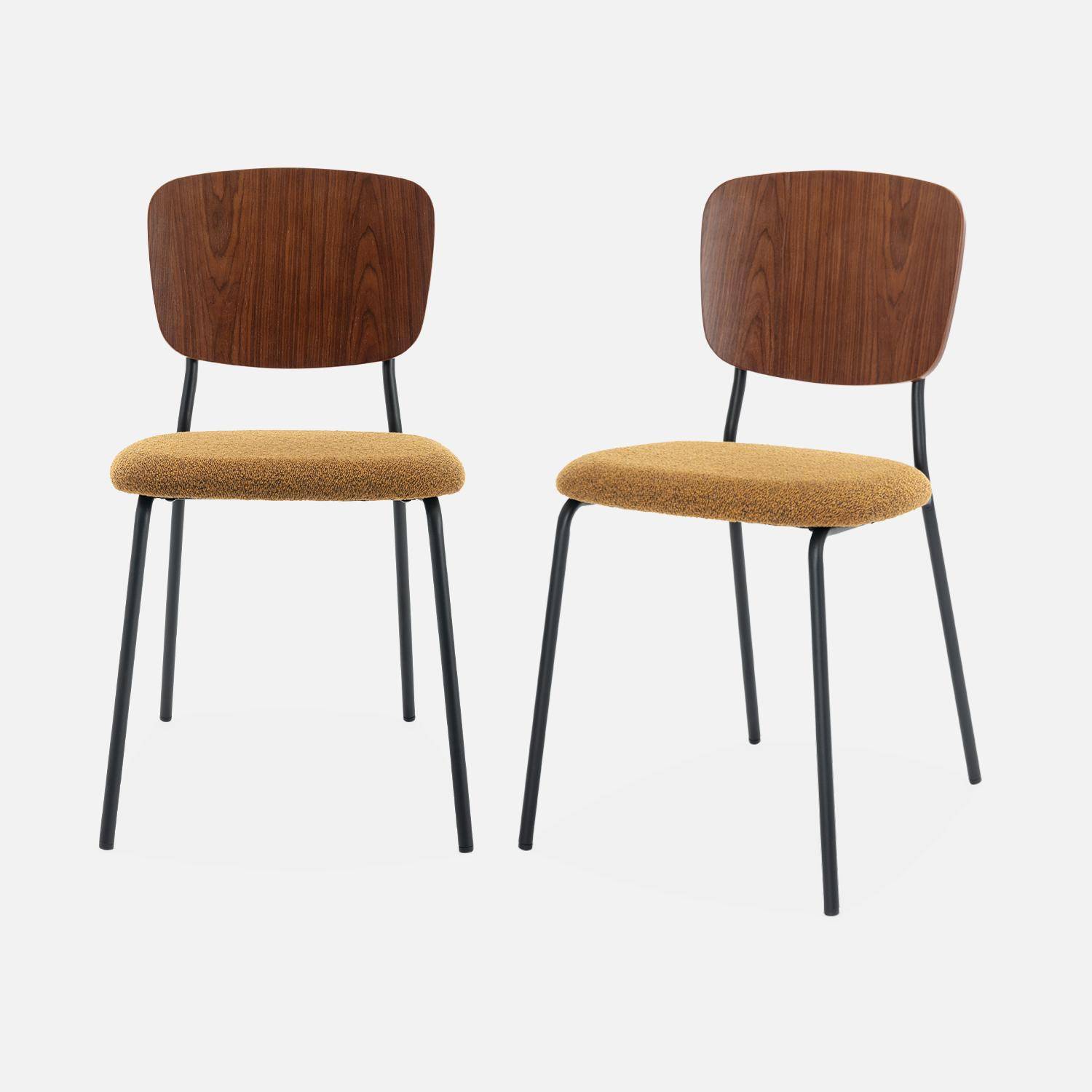 Set van 2 stoelen, mosterdkleurige bouclézitting, gebogen populierenhouten rugleuning, matzwarte metalen poten Photo3