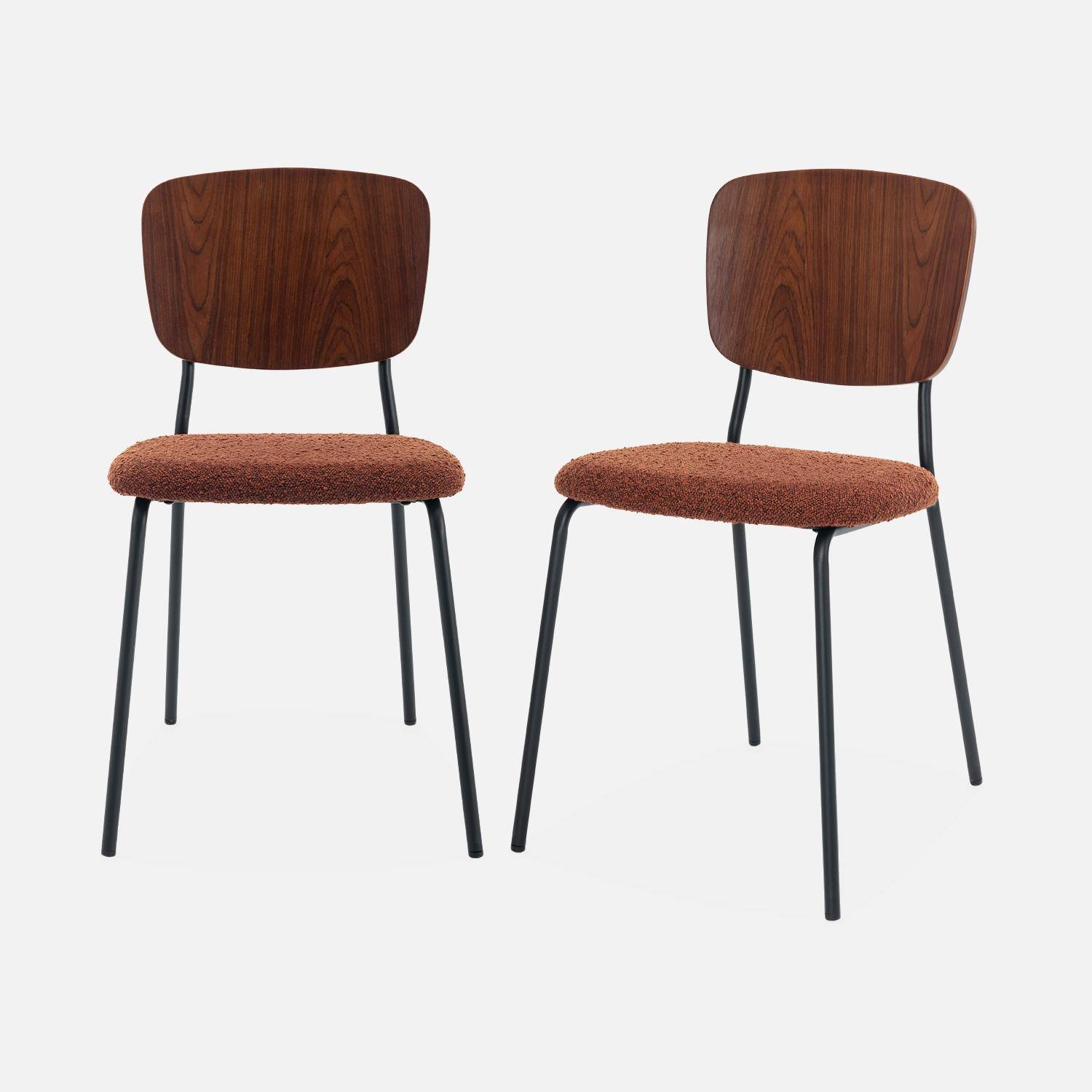 Lot de 2 chaises assise bouclette texturée terracotta, dossier bois de peuplier courbé, pieds en métal noir mat Photo3