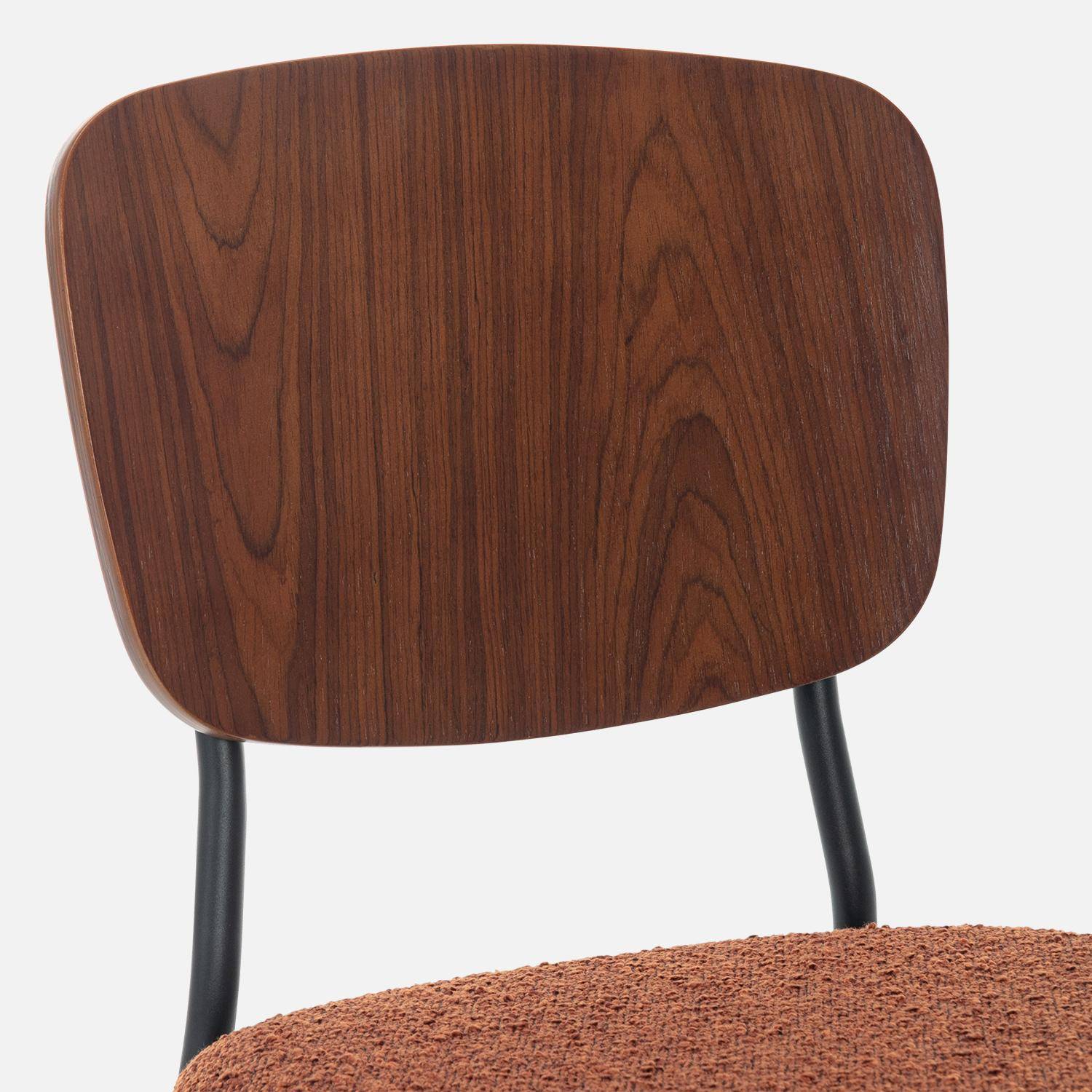 Lot de 2 chaises assise bouclette texturée terracotta, dossier bois de peuplier courbé, pieds en métal noir mat,sweeek,Photo7