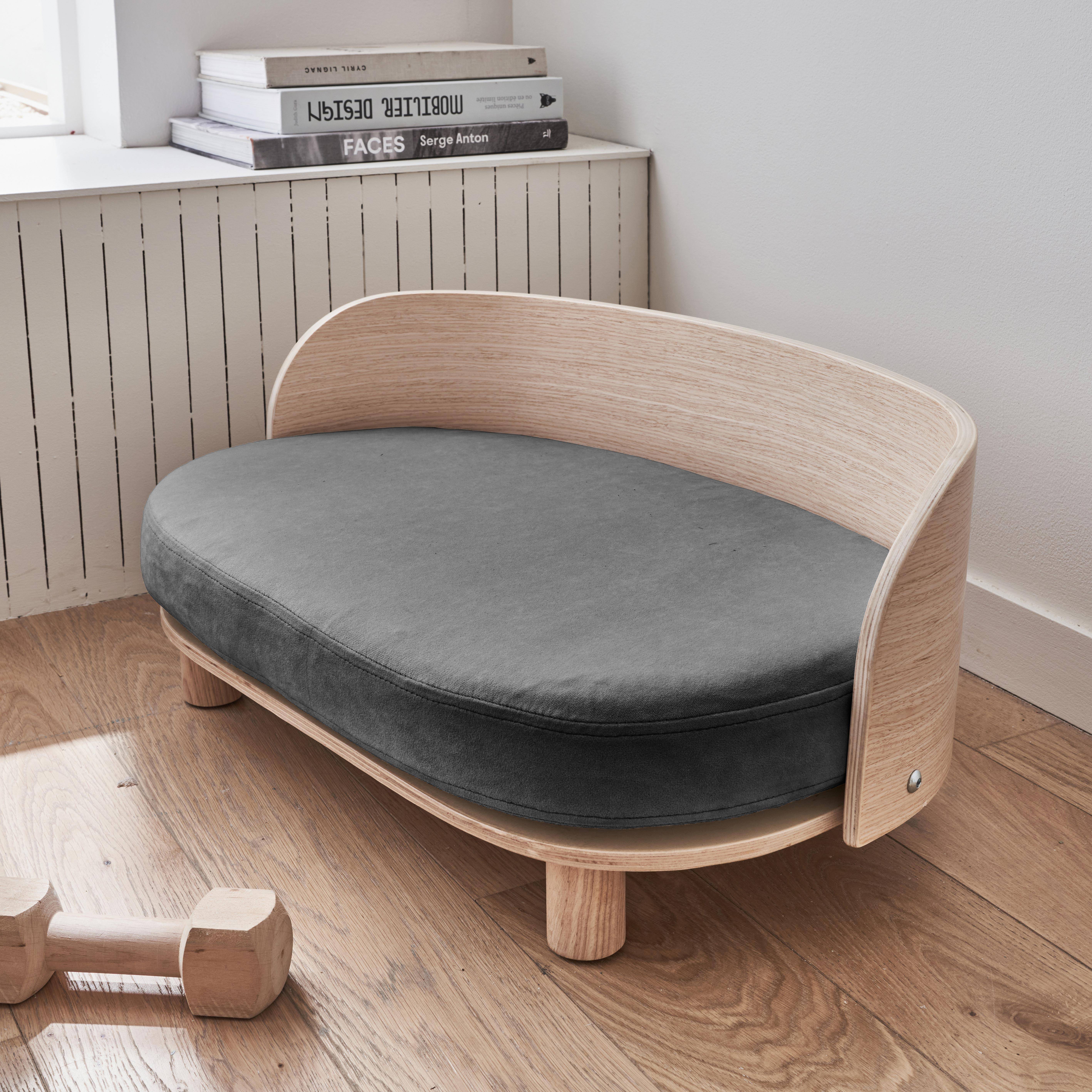 Donkergrijs mandje, houten bed, Filou, B40 x D64 x H26cm Photo1