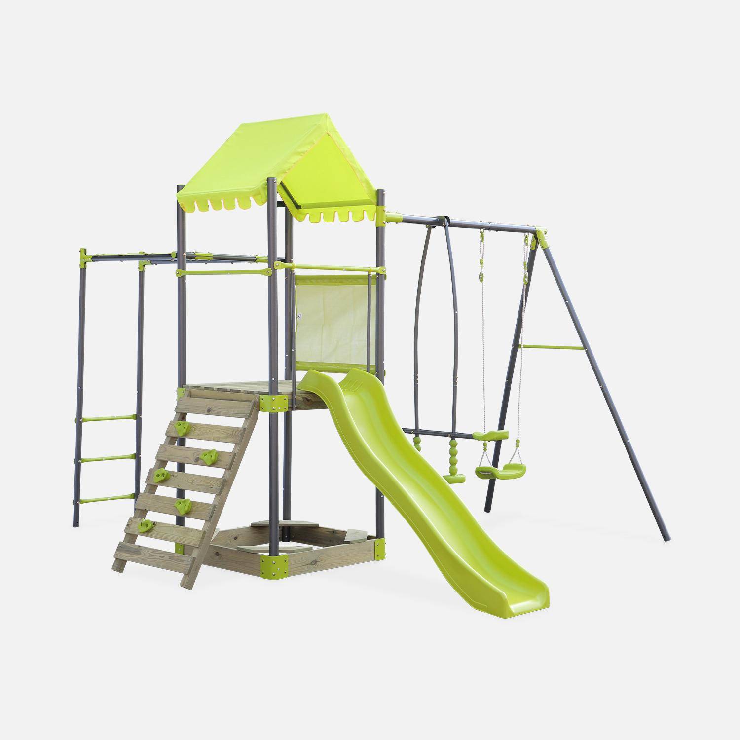 Aire de jeux pour enfants verte acier et bois, toboggan, bac à sable, mur d'escalade, trébuchet, plateforme cabane GALERNE Photo1
